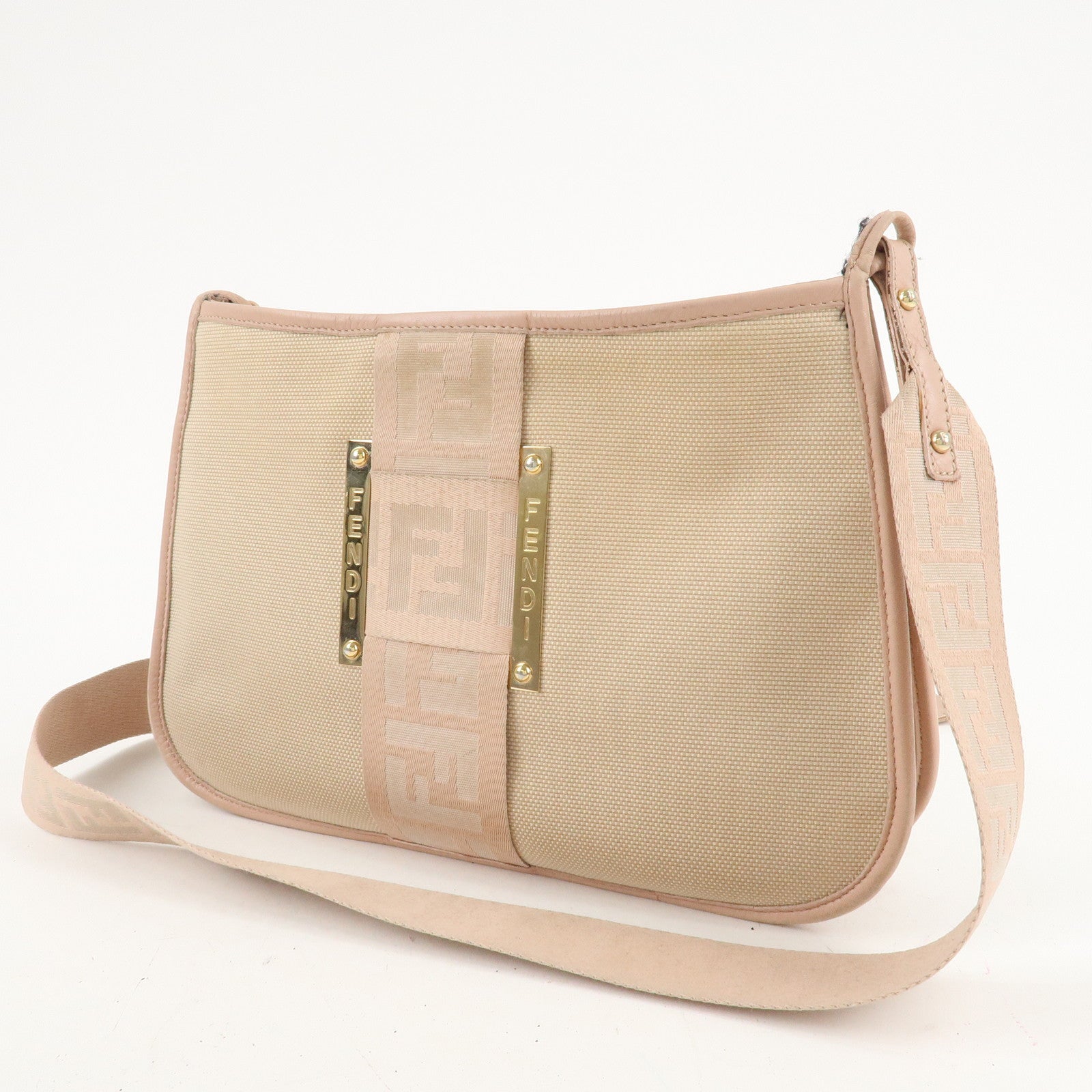 FENDI Logo Canvas Leather Shoulder Bag Beige Pink 8BT084