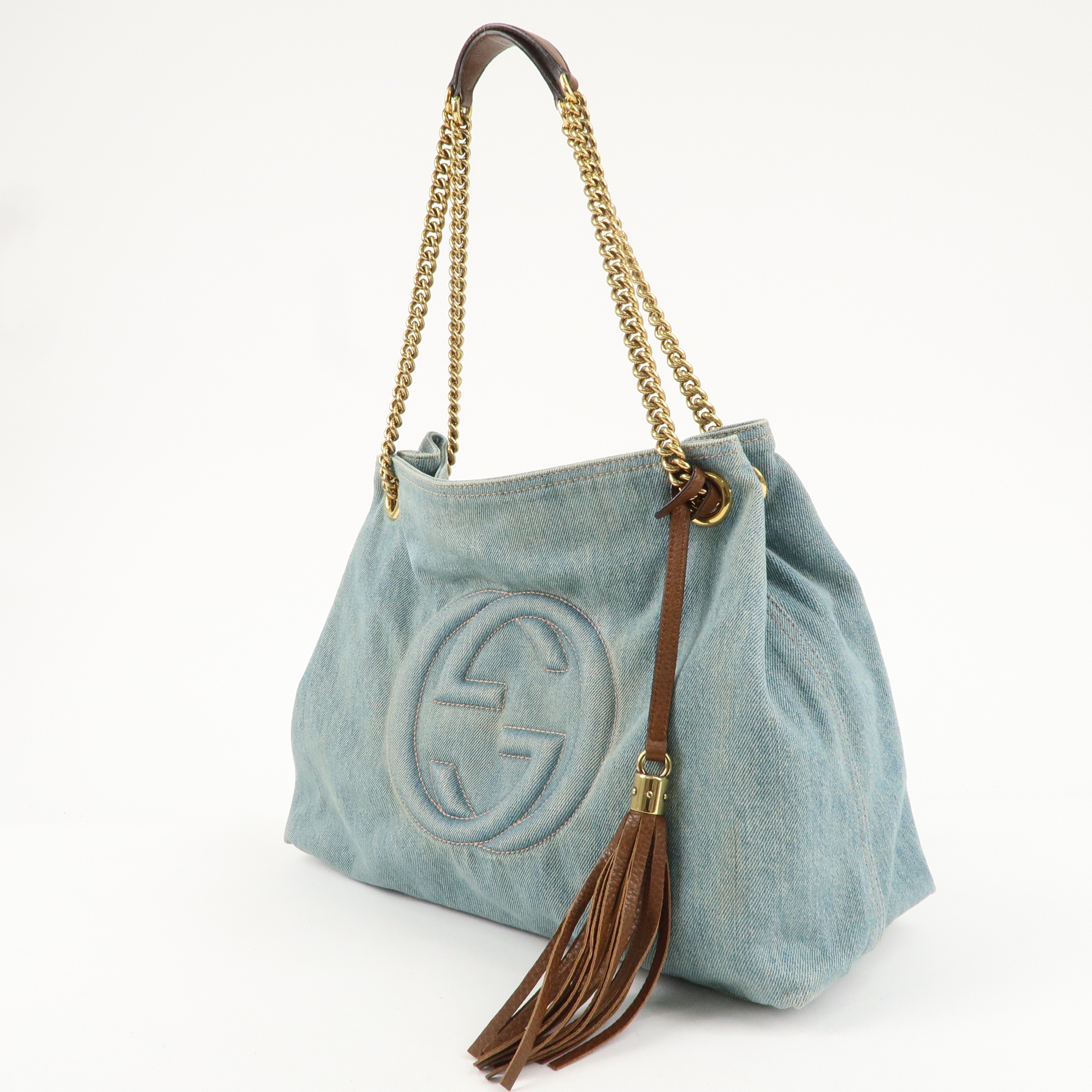 GUCCI SOHO Interlocking G Denim Leather Chain Shoulder Bag 308982