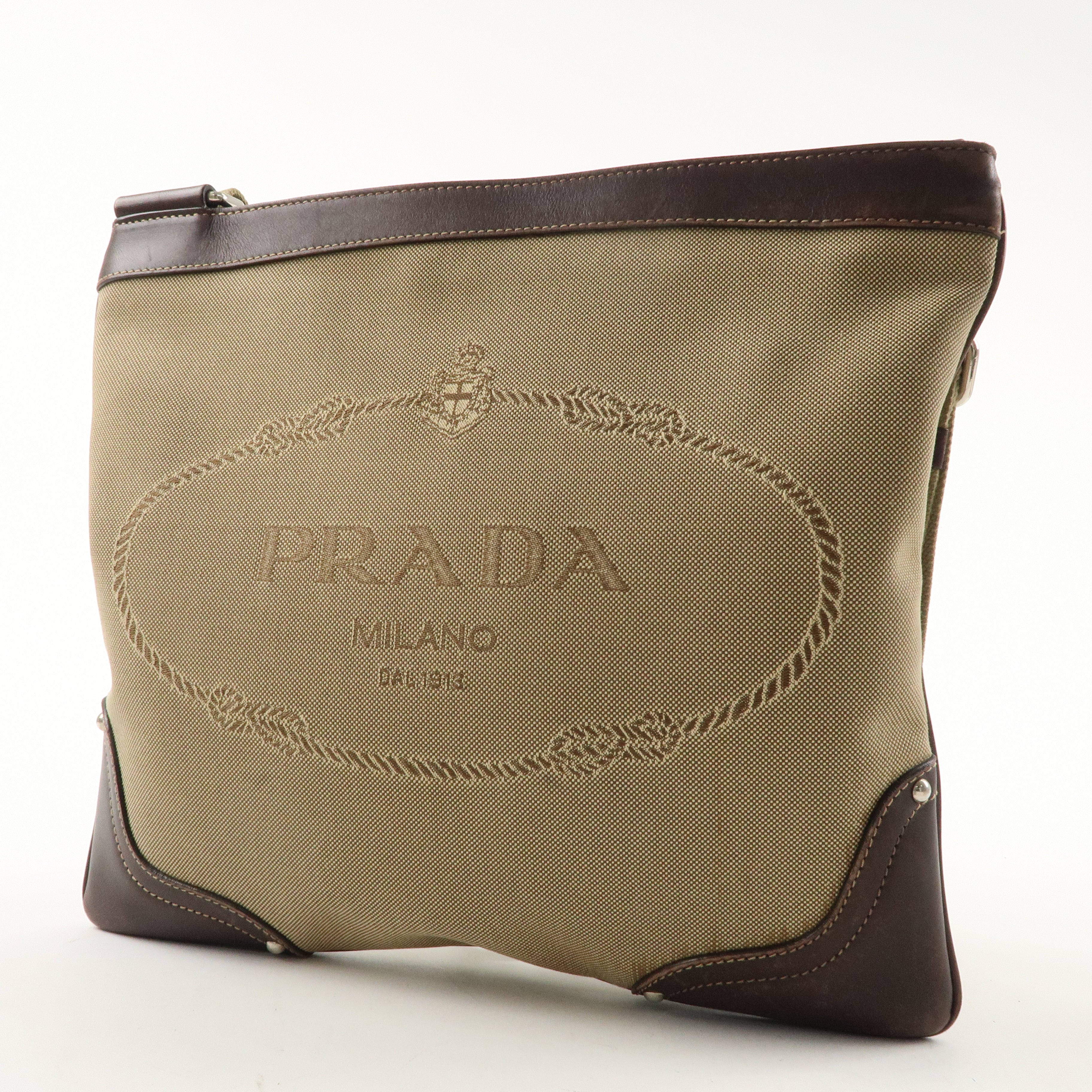 PRADA Logo Jacquard Leather Shoulder Bag Beige Brown BT0537