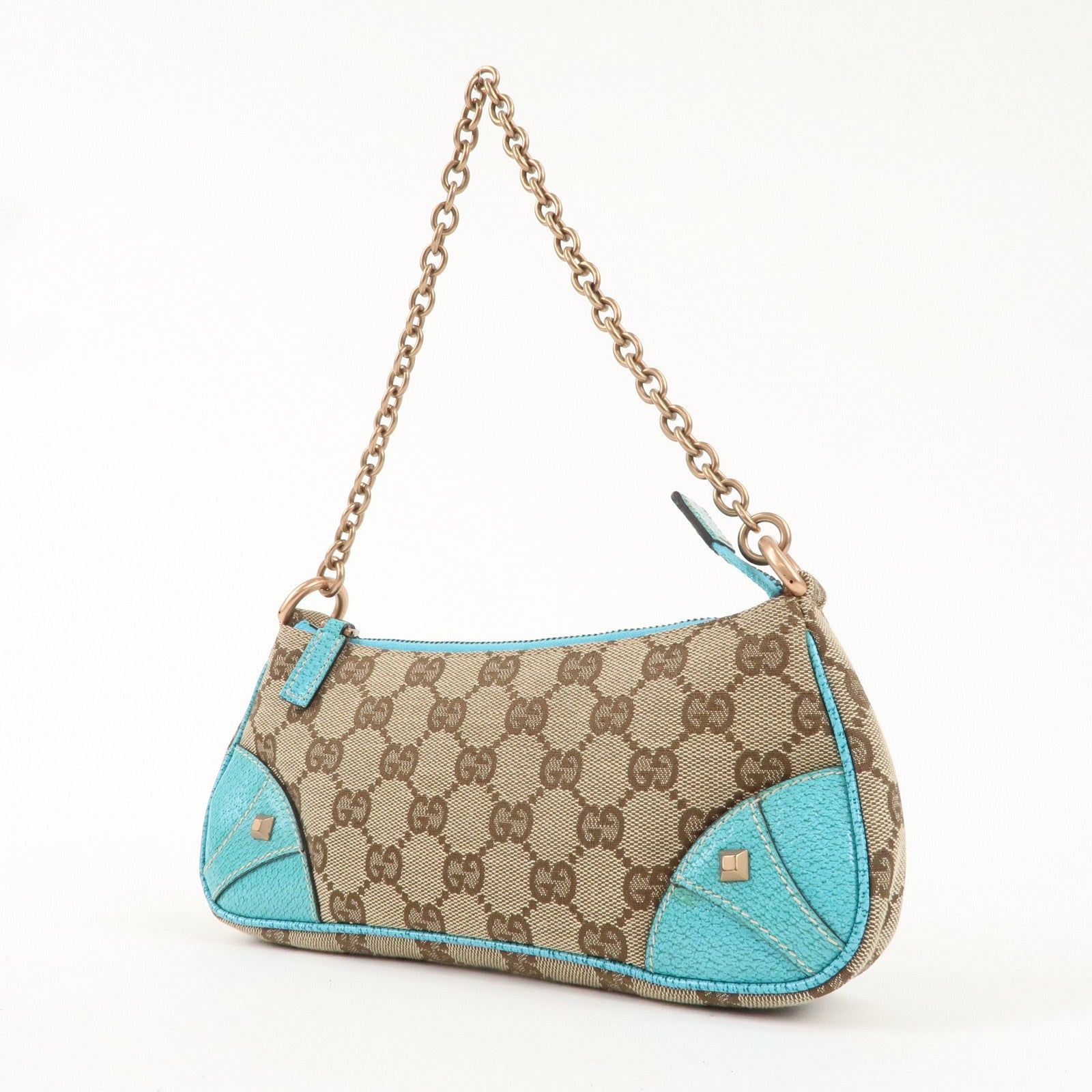 GUCCI GG Canvas Leather Chain Hand Bag Pouch Beige Blue 120940