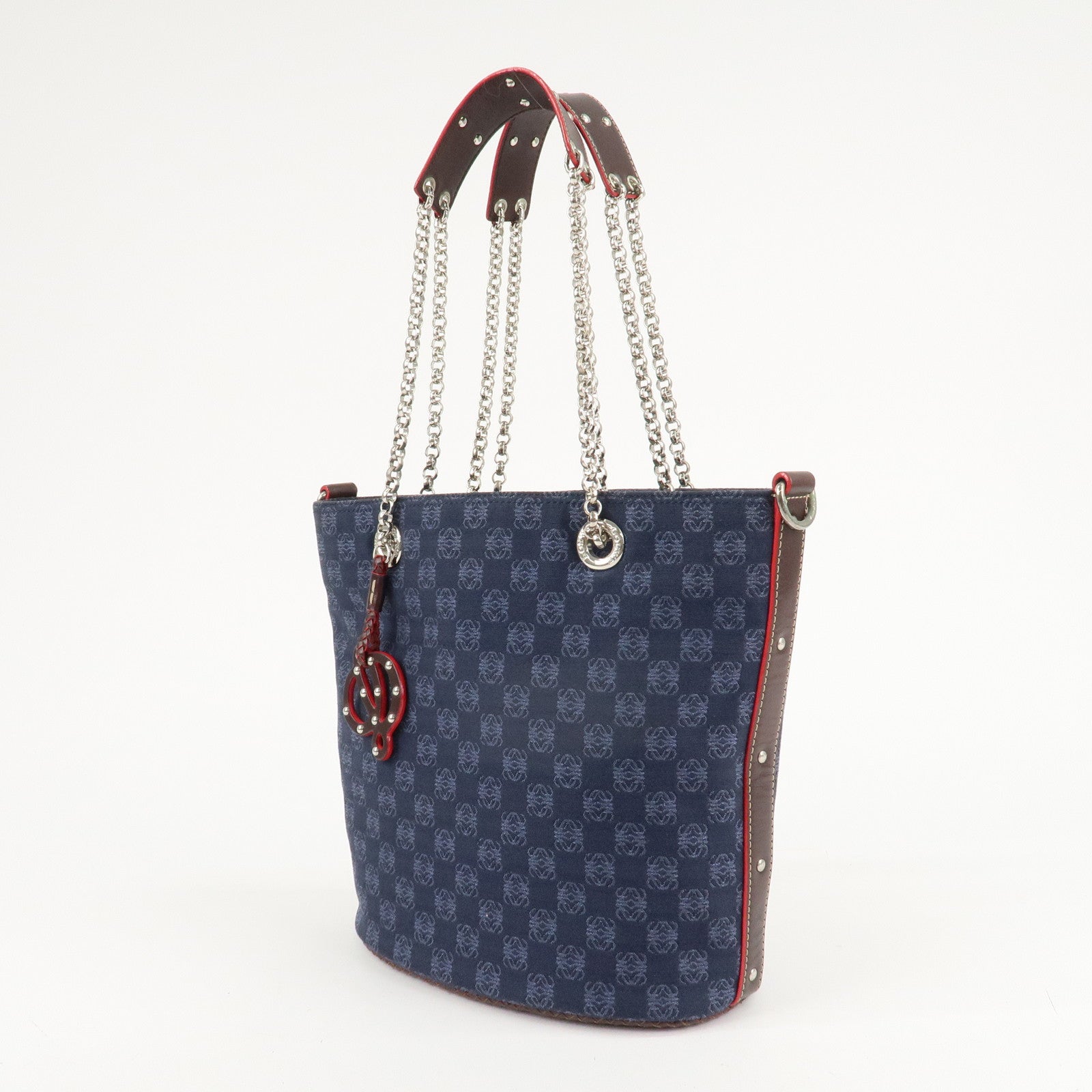 LOEWE Anagram Canvas Leather Chain Tote Bag Shoulder Bag Blue