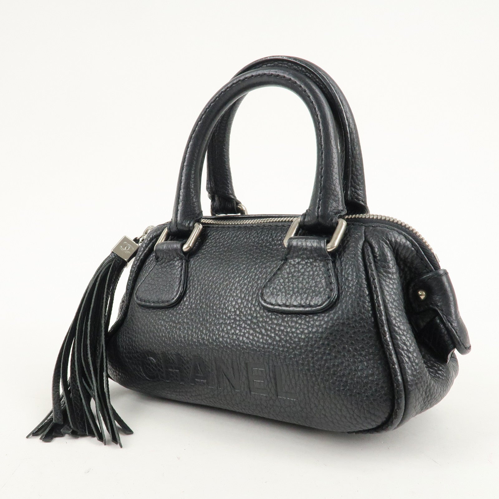 CHANEL Leather Mini Boston Bag Hand Bag Black A23050 Used