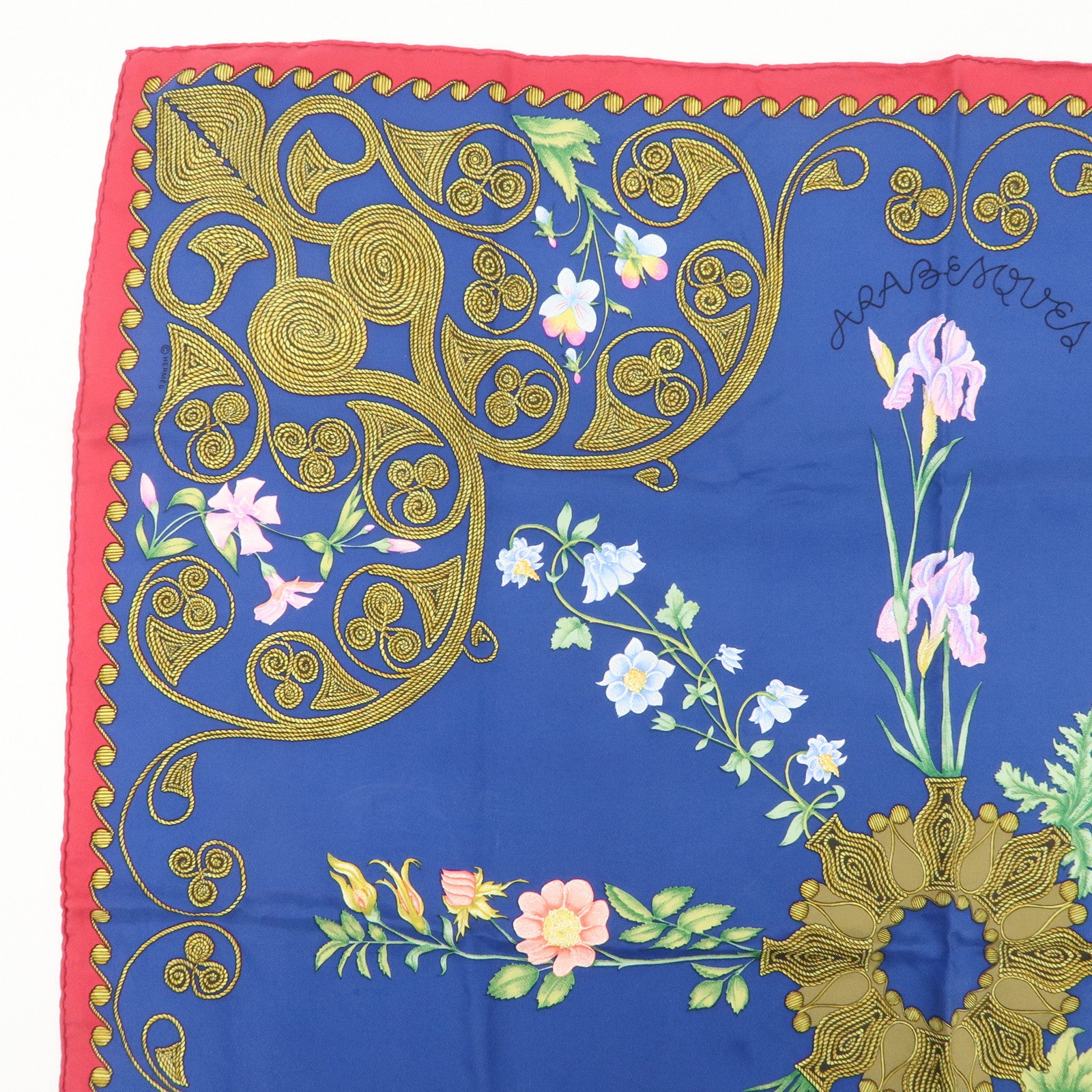 HERMES Carre 90 Scarf Silk 100% ARABESQUE BLue Red Used