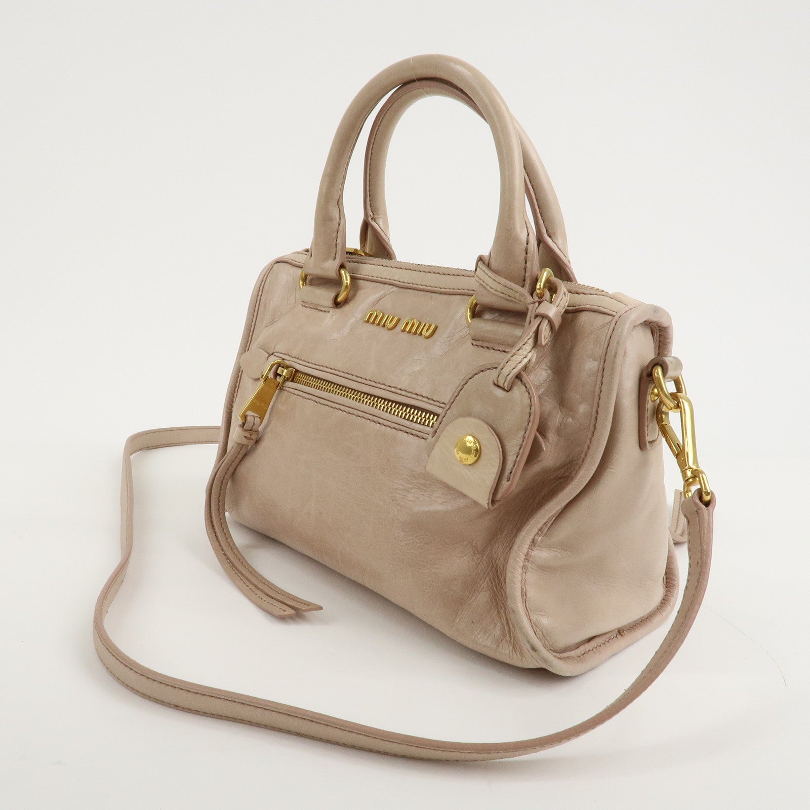 MIU MIU Logo Leather 2 Way Hand Bag Shoulder Bag Beige Used