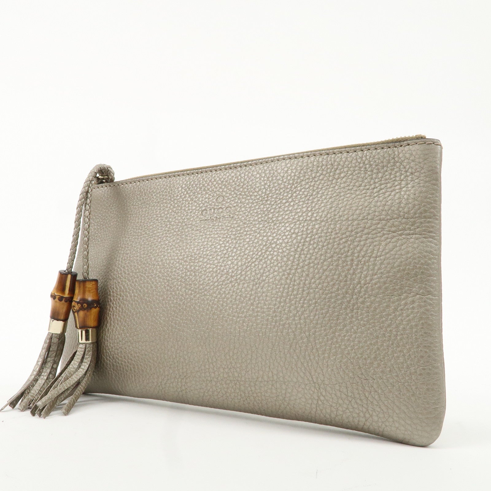 GUCCI Bamboo Leather Tassel Pouch Champaigne Beige 376854