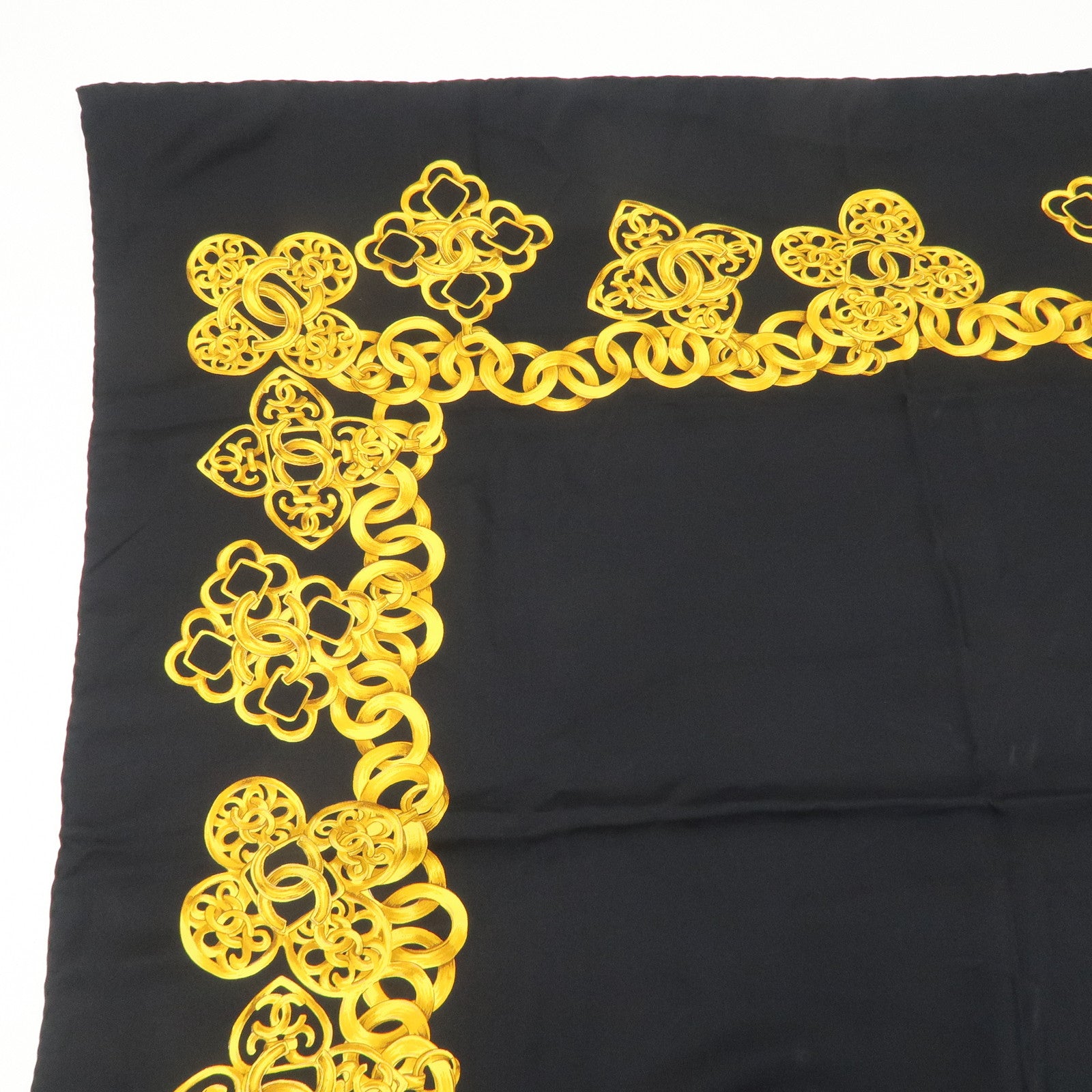 CHANEL Silk 100% Scarf 90×90 Black Gold Used