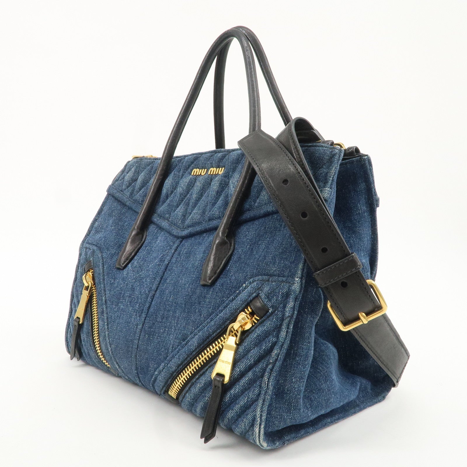 MIU MIU Denim Leather Biker 2WAY Bag Blue Black RN1031