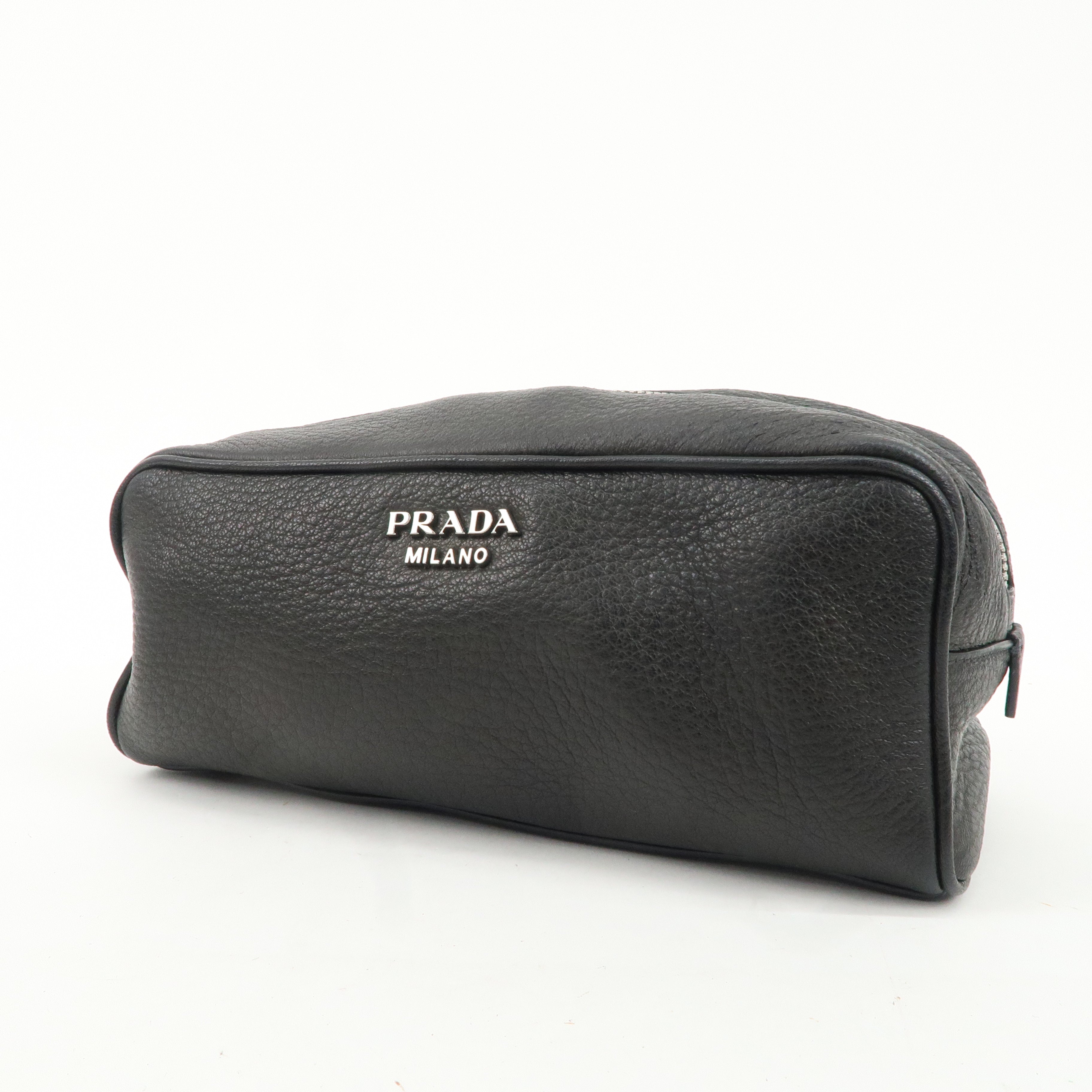 PRADA Logo Leather Pouch Cosmetic Pouch Black Silver HDW