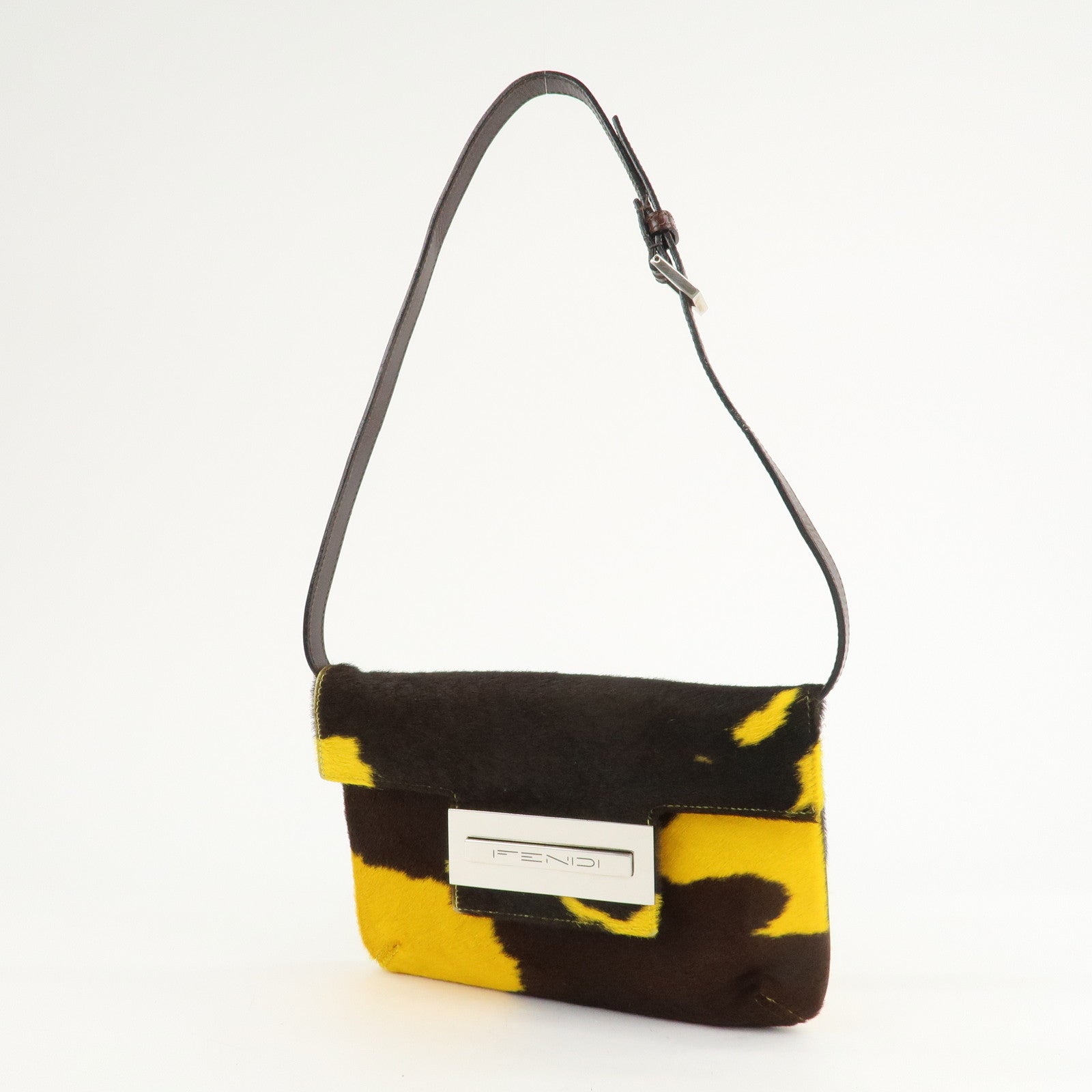 FENDI COW Unborn Calf Leather Shoulder Bag Yellow Brown Used