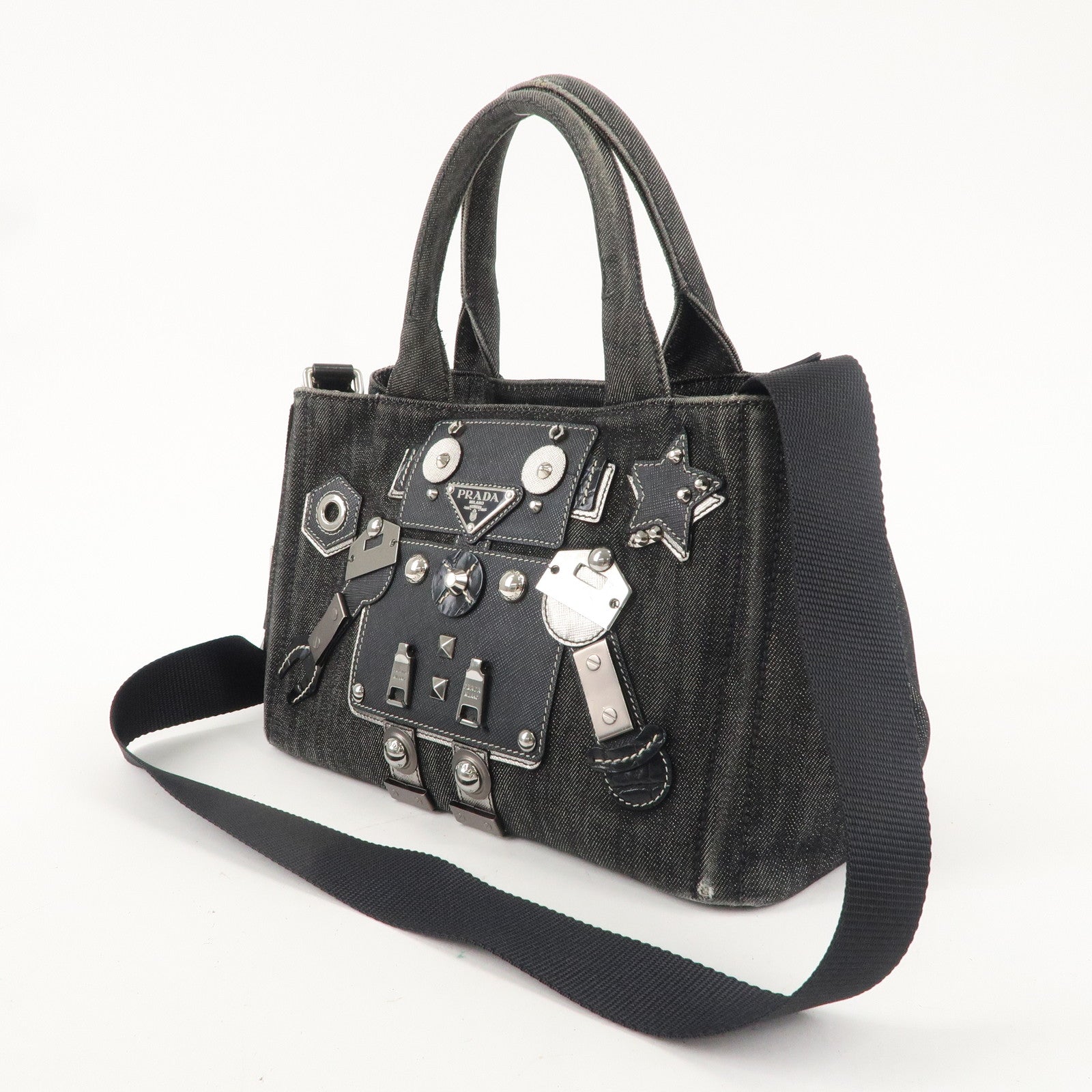 PRADA Logo Canapa Mini 2 Way Denim Canvas Hand Bag Black 1BG439