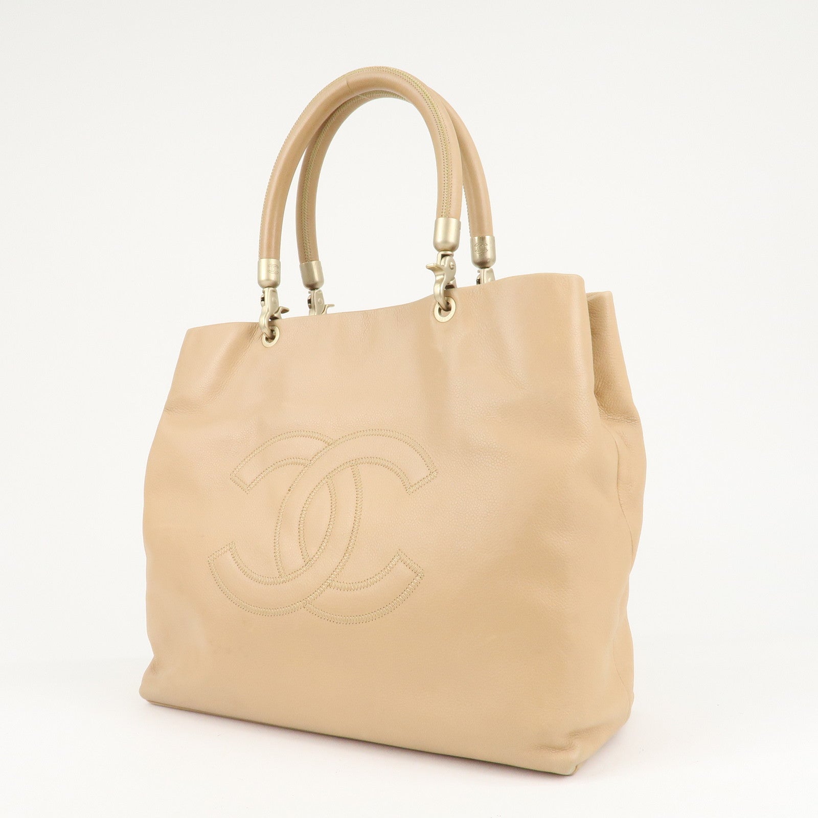 CHANEL Cavier Skin Coco Mark Tote Bag Hand Bag Beige Gold HDW