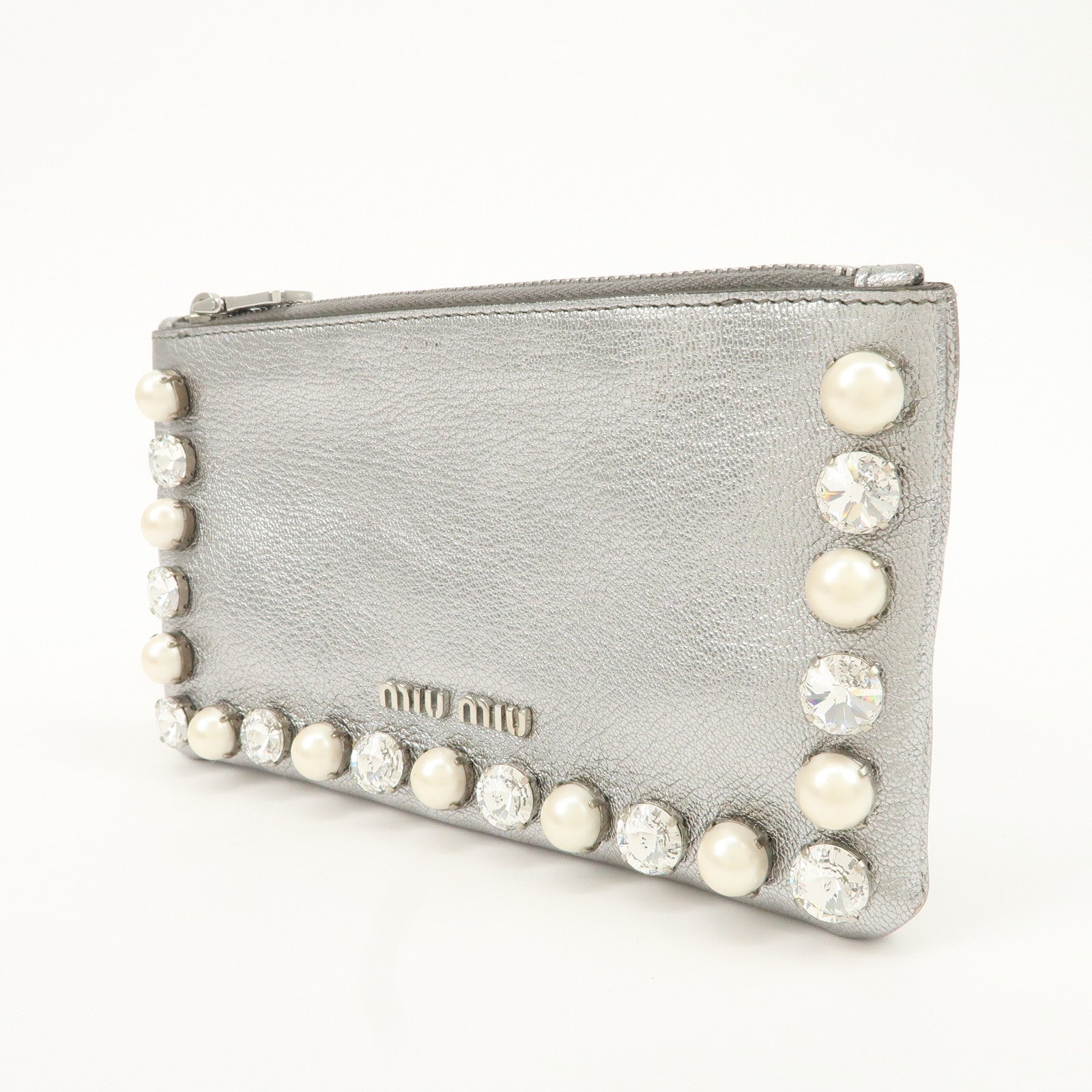 MIU MIU Leather Bijou Fake Pearl Bijou Pearl Pouch 5MB002 Used