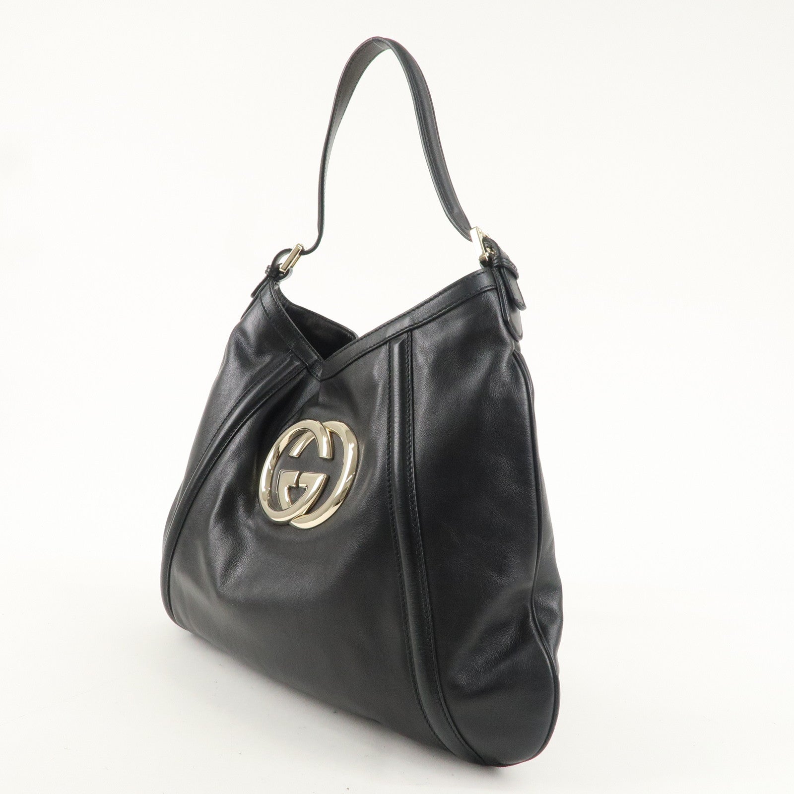 GUCCI Interlocking G Leather One Shoulder Bag Black 162740