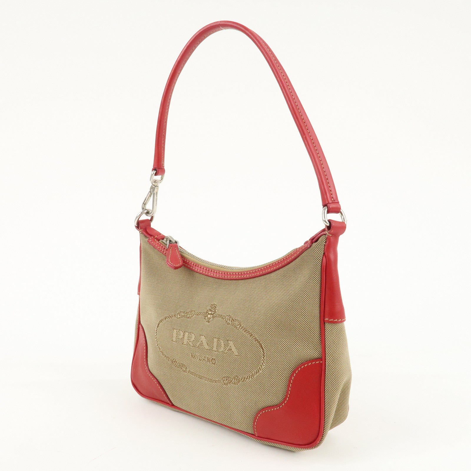 PRADA Logo Jacquard Leather Shoulder Bag Beige Red