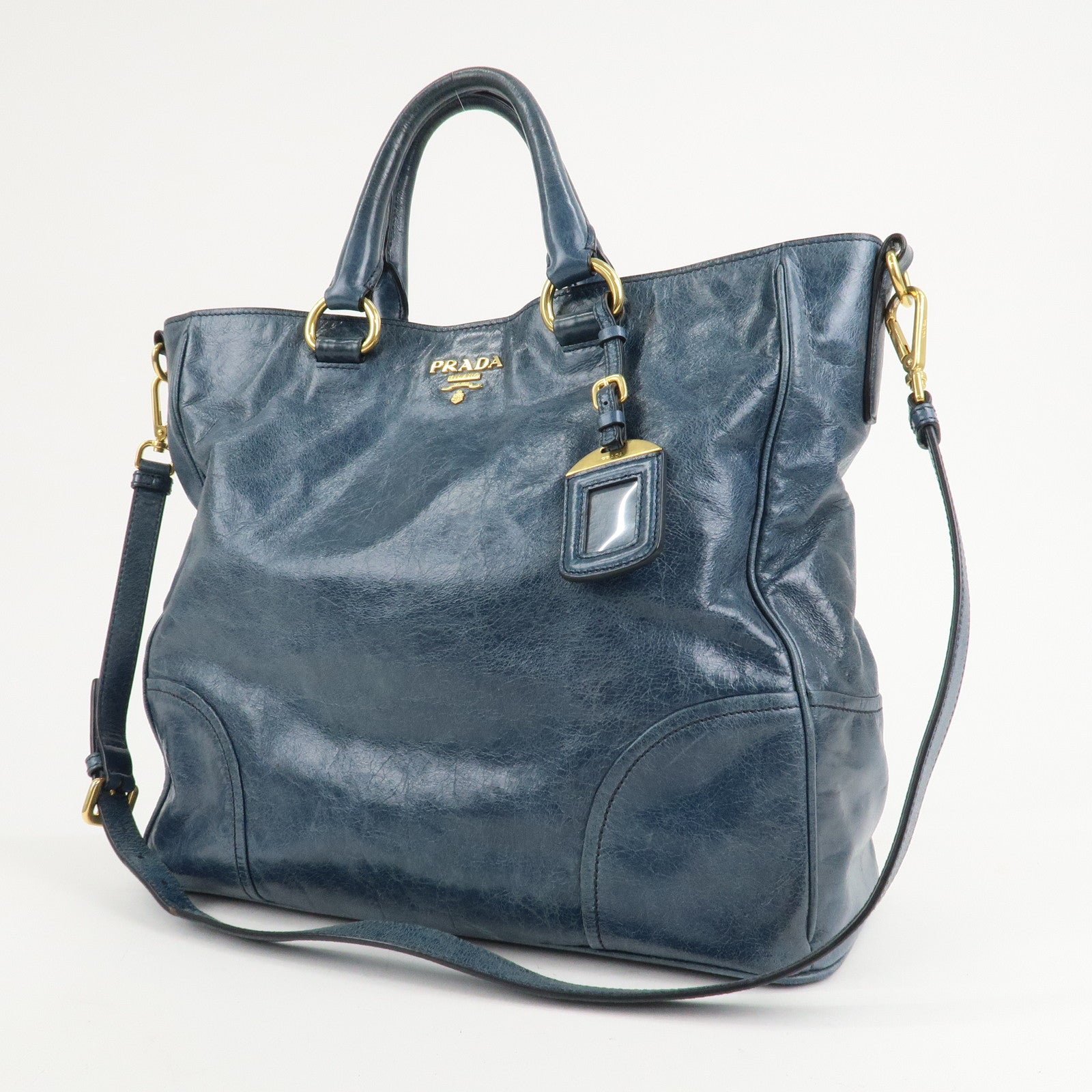 PRADA Leather 2Way Bag Hand Bag Shoulder Bag Blue BN2325 Used