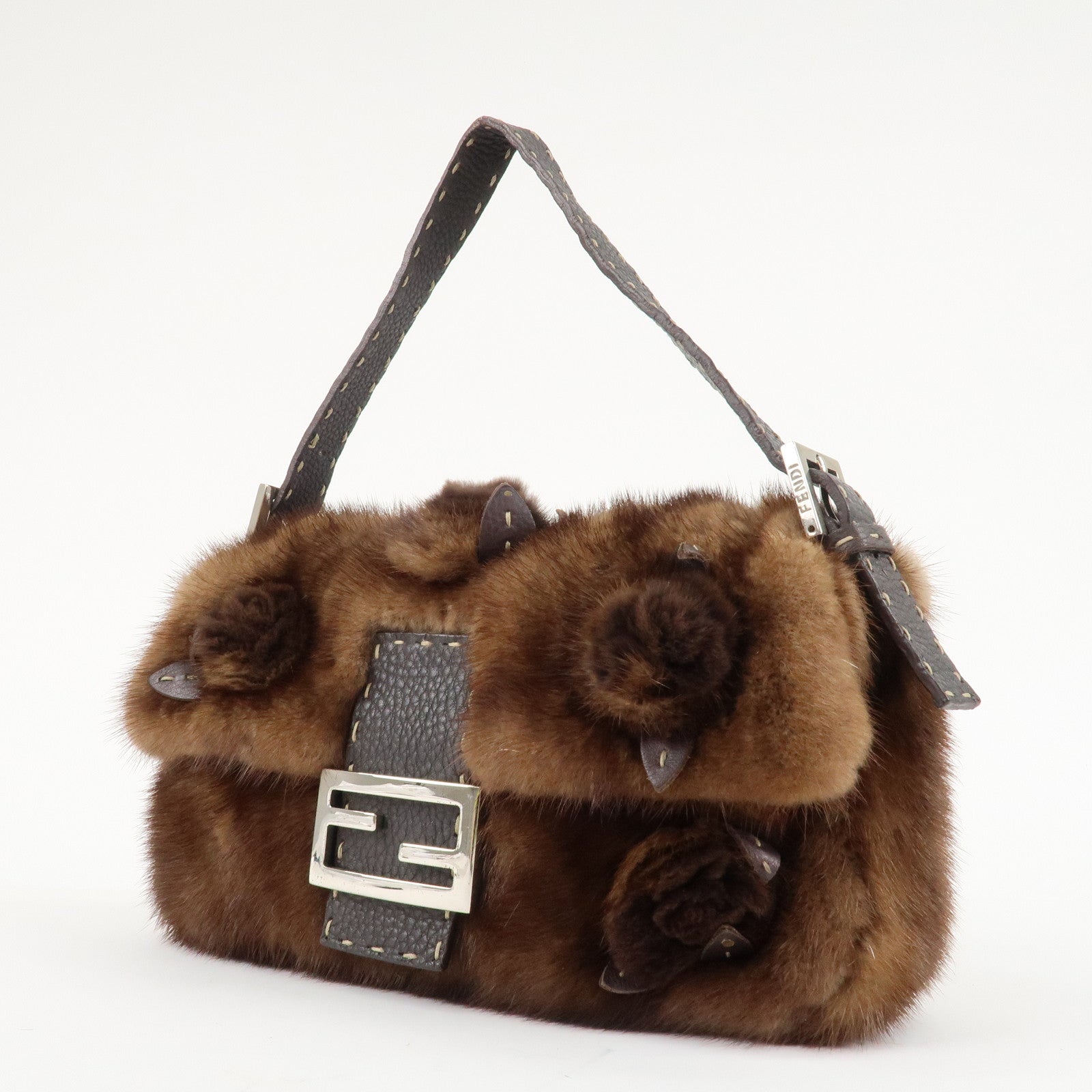 FENDI Mamma Baguette Selleria Mink Leather Shoulder Bag 8BR101