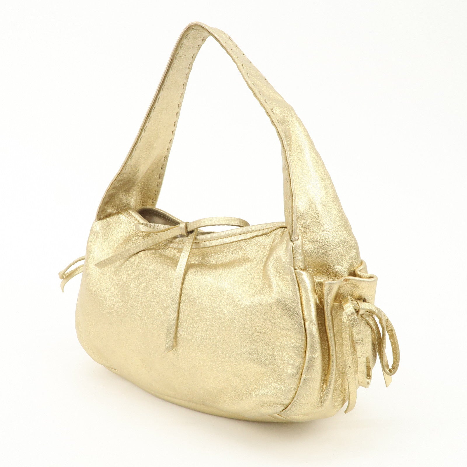 PRADA Leather Ribbon Hand Bag Shoulder Bag Gold Used