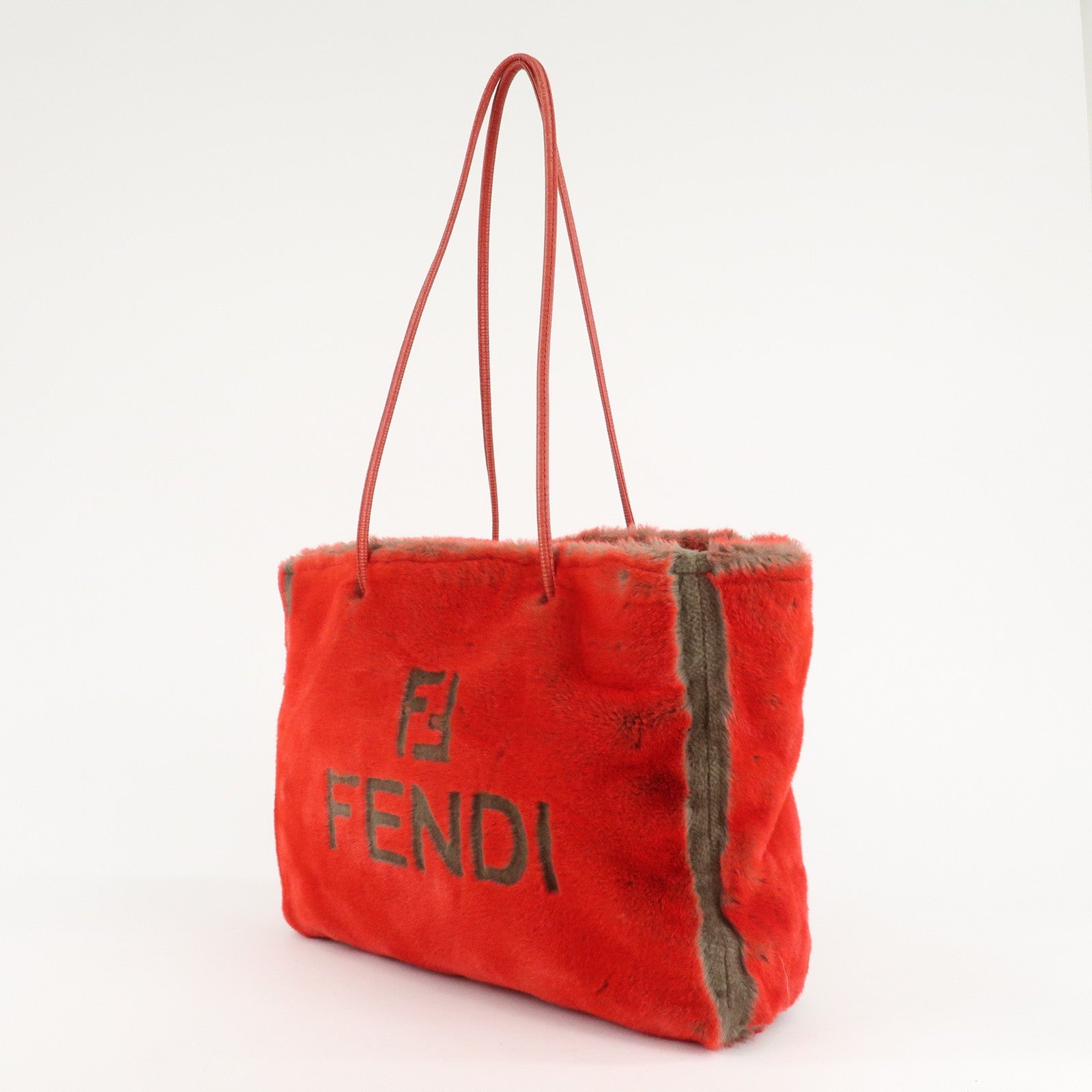 FENDI Leather Fake Fur Shoulder Bag Tote Bag Red Used