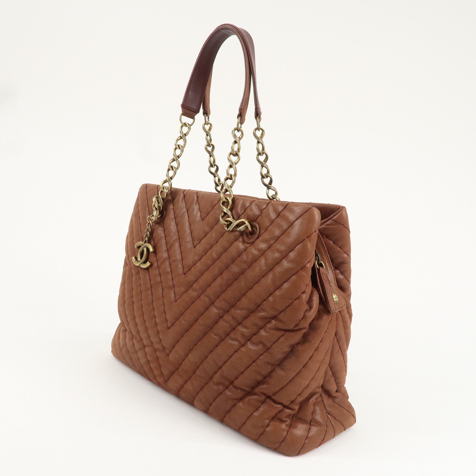 CHANEL V-stitch Leather Chain Shoulder Tote Bag Metalic Brown