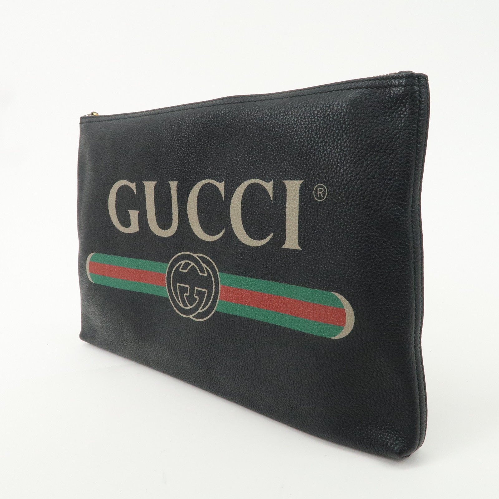 GUCCI Logo Print Leather Portfolio Clutch Bag Black 500984