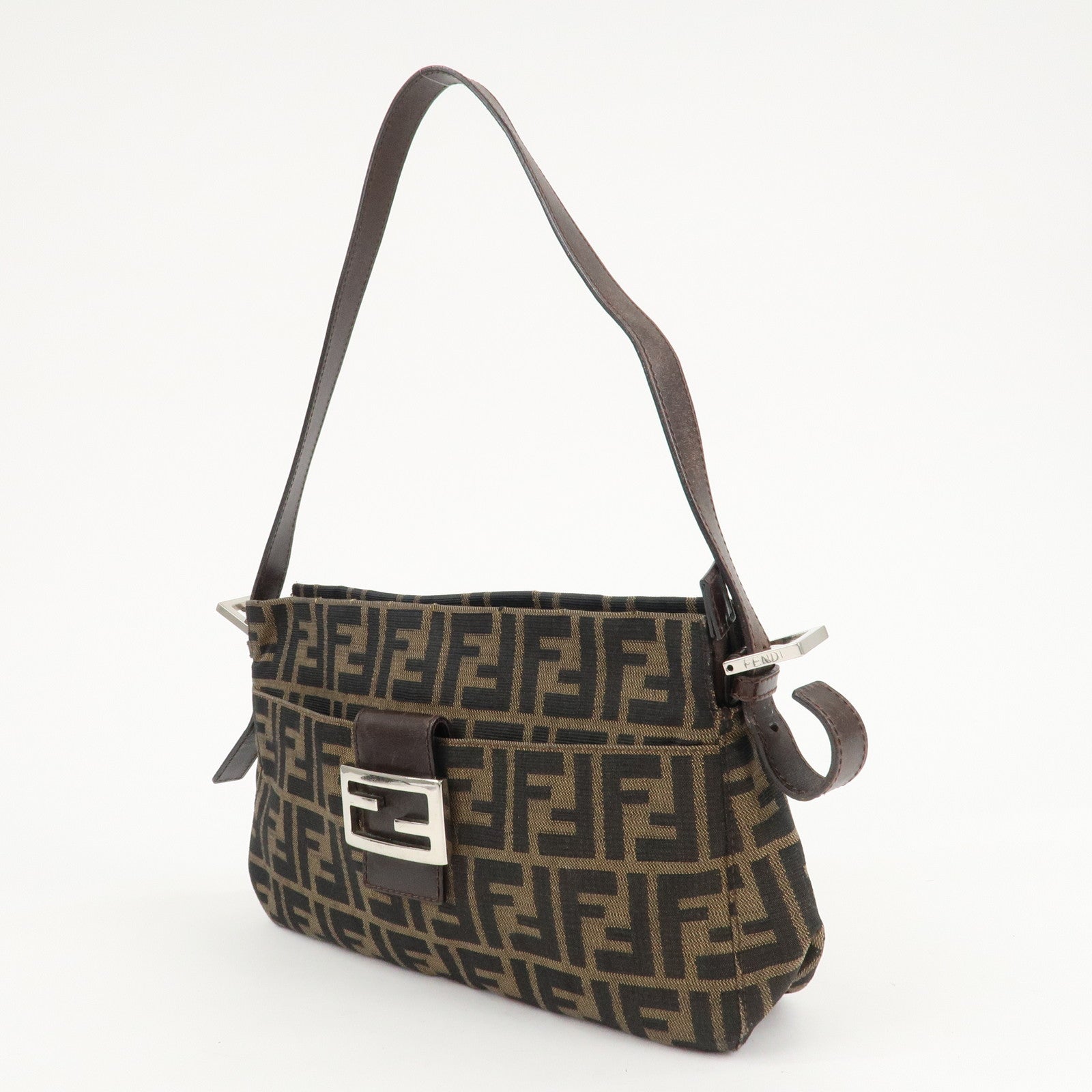 FENDI Zucca Canvas Leather Shoulder Bag Brown Black 26566