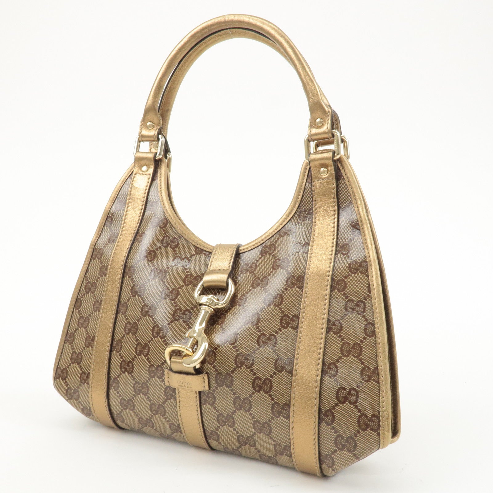 GUCCI GG Crystal Leather Hand Bag Beige Gold 203495