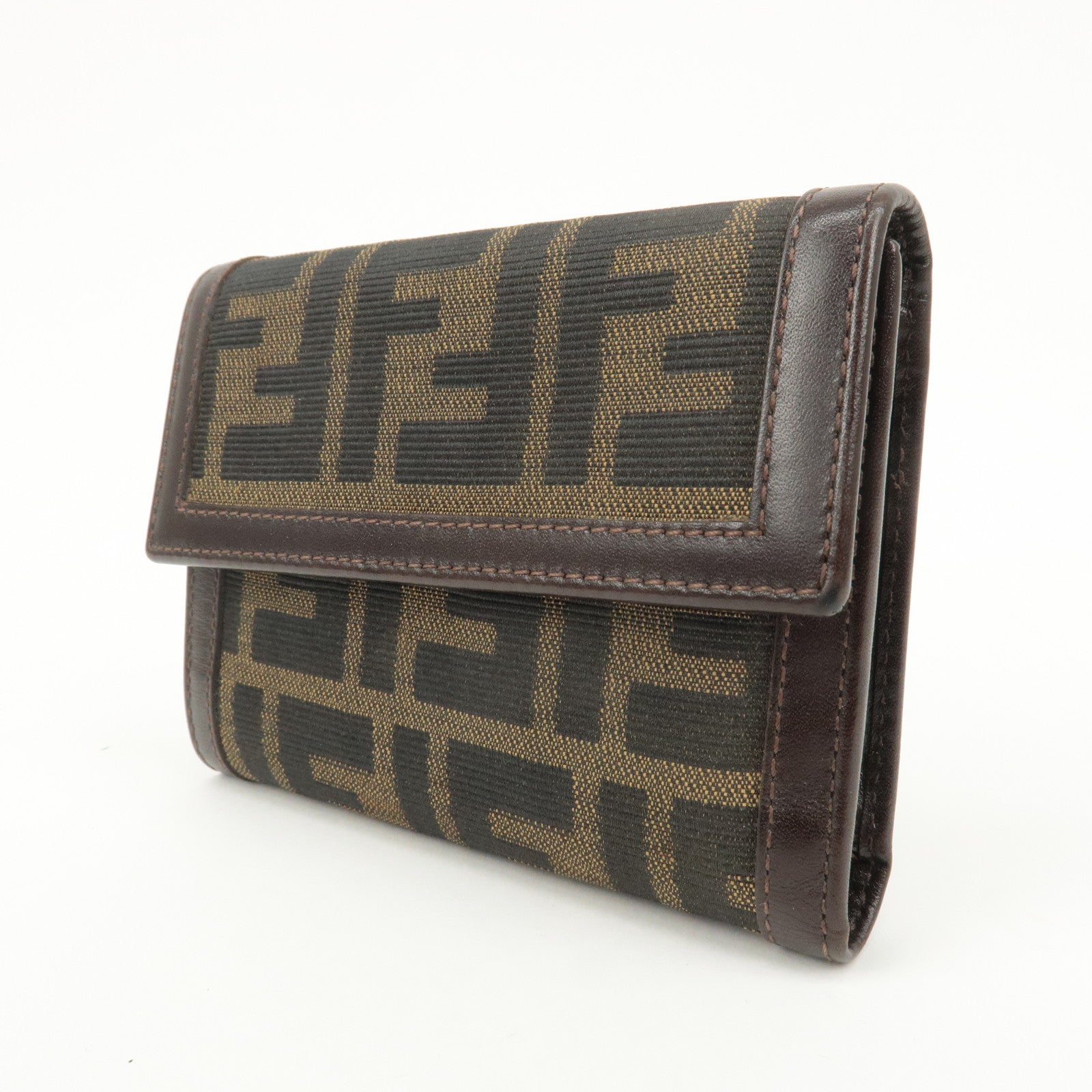 FENDI Zucca Canvas Leather Hook Tri-fold Wallet Brown 30729