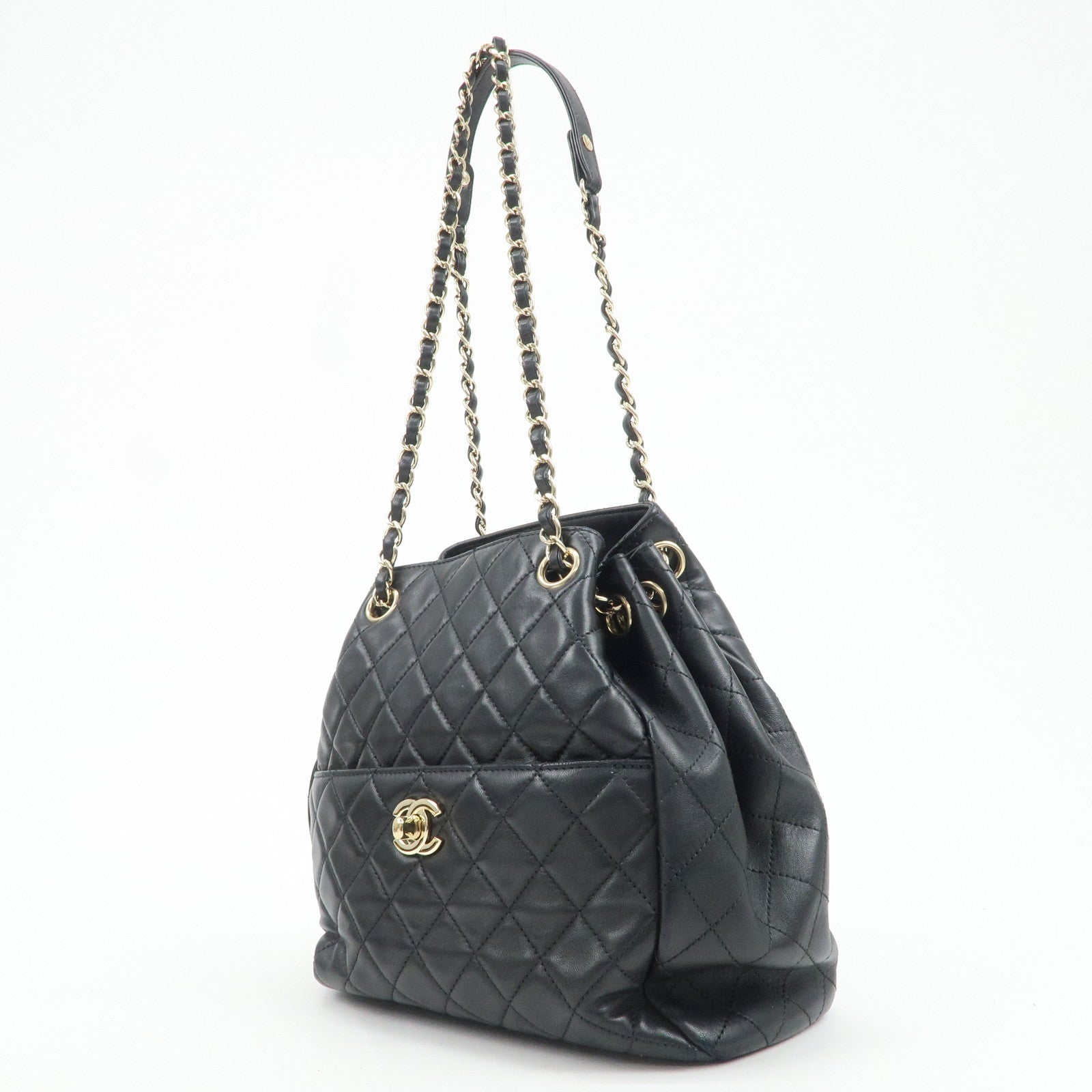 CHANEL Matelasse Lamb Skin Chain Shoulder Bag Black Used