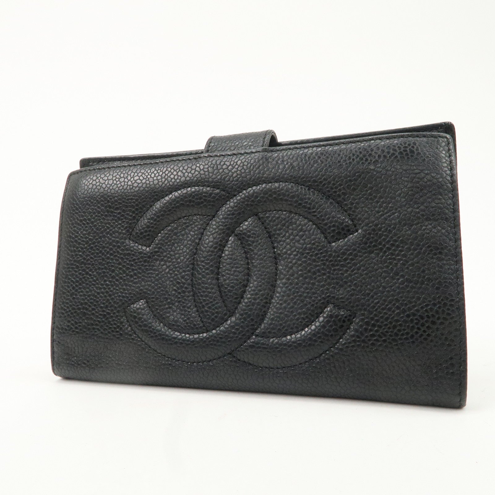 CHANEL Caviar Skin COCO Mark Bi-fold Wallet Black A01429 Used