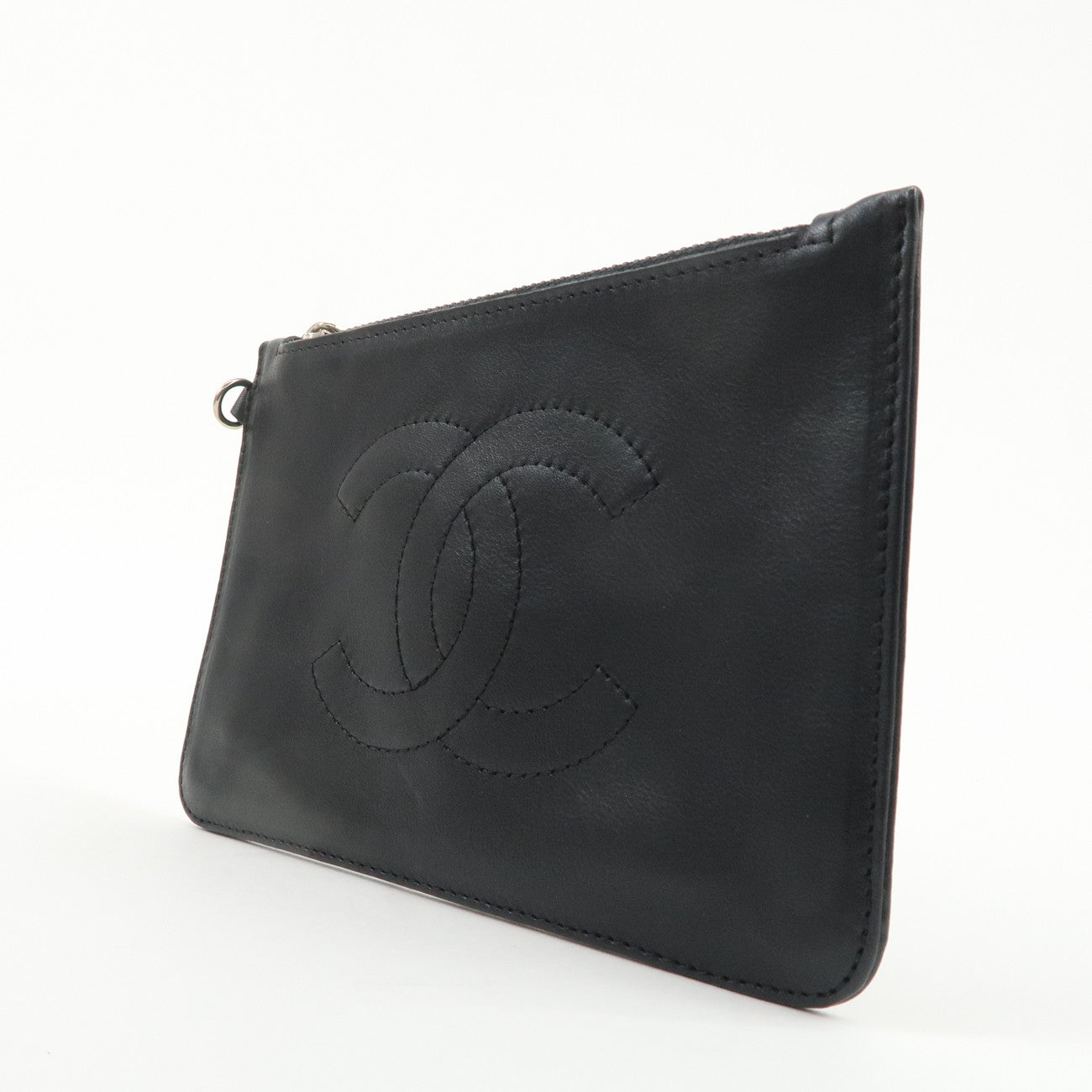 CHANEL Coco Mark Leather Cambon Line Cosmetic Small Pouch Black Used