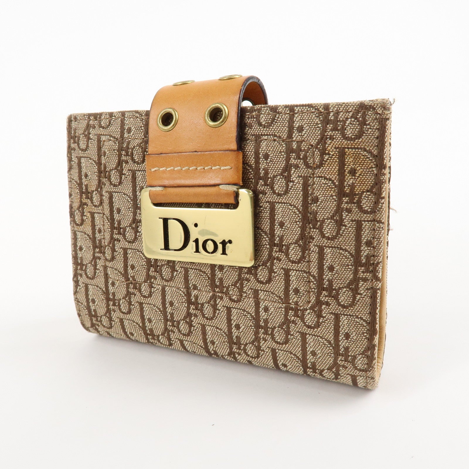 Cristian Dior Trotter Canvas Leather Bifold Card Case Beige Brown Used