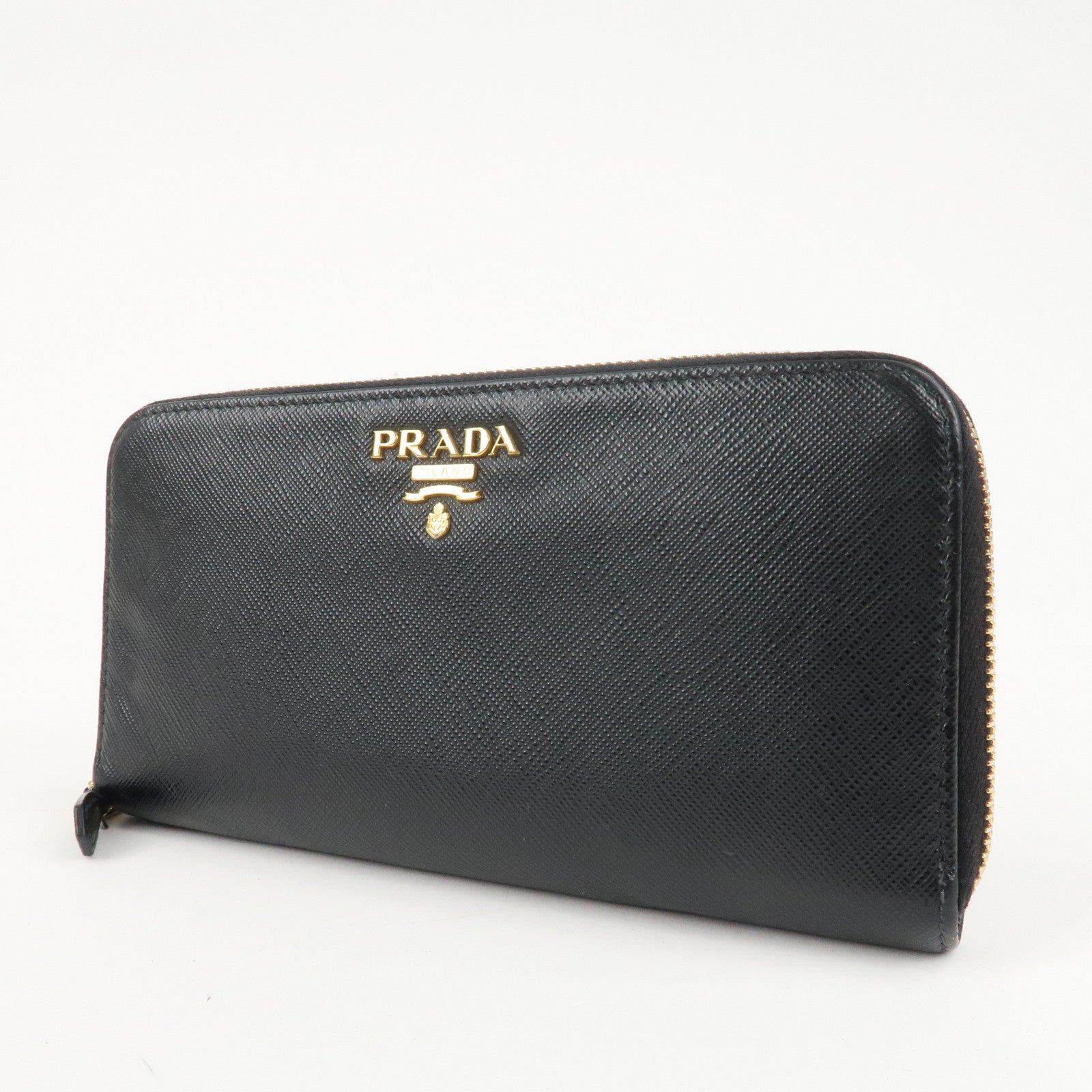 PRADA Saffiano Leather Round Zipper Long Wallet Black 1M0506 Used