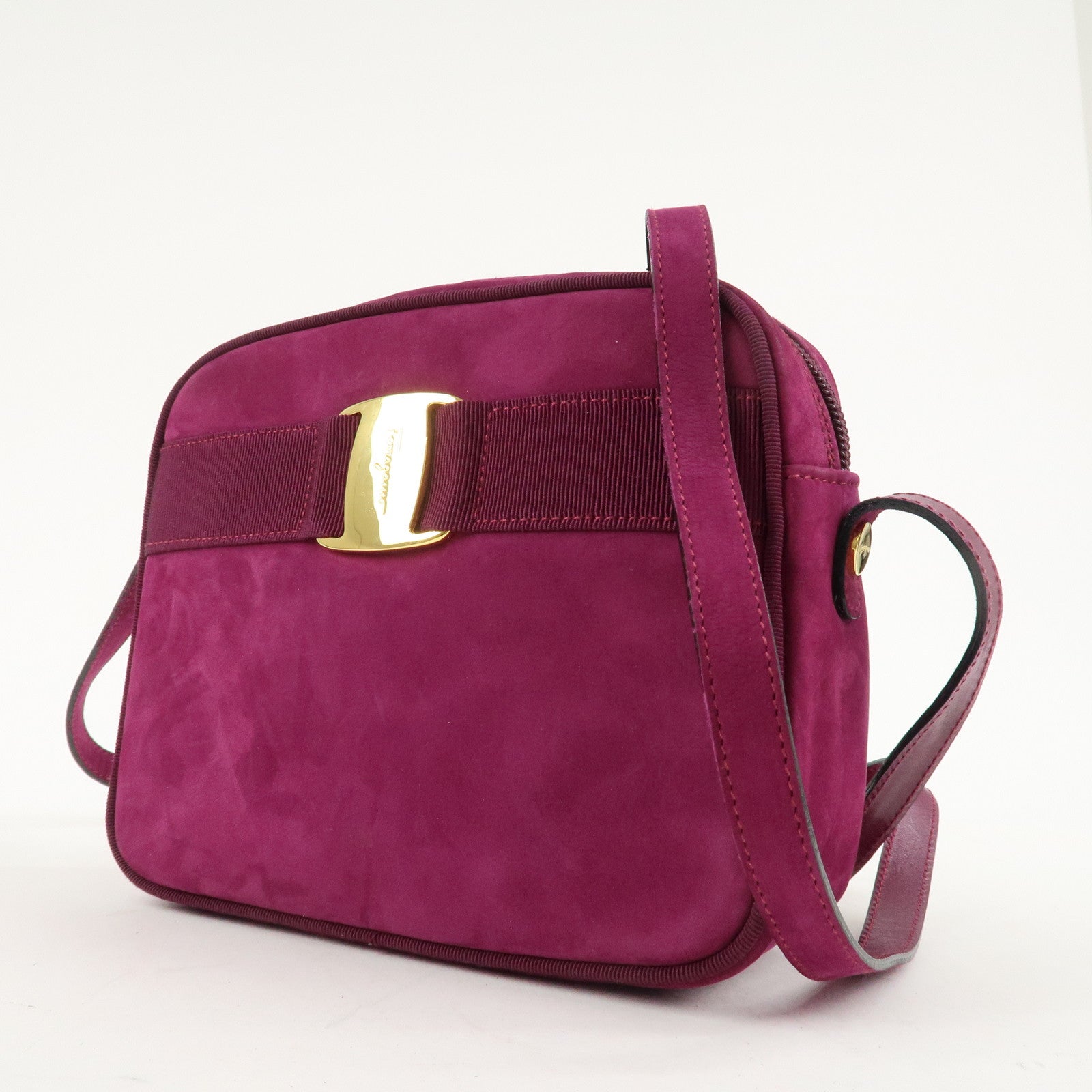 Ferragamo Vara Ribbon Suede Leather Shoulder Bag Purple