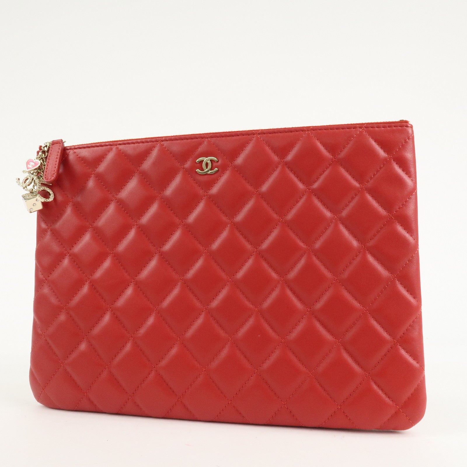 CHANEL Matelasse COCO Mark Lamb Skin Clutch Bag Red Used