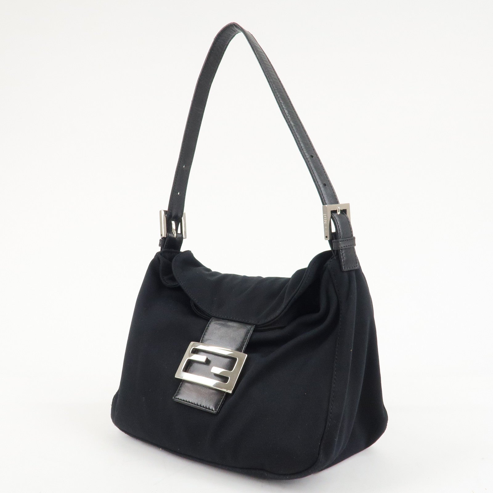 FENDI Mamma Baguette Nylon Jersey Leather Shoulder Bag Black