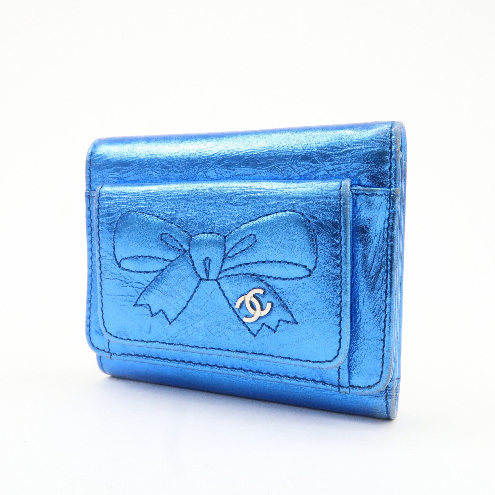 CHANEL Ribbon COCO Mark W Hook Tri-Fold Compact Wallet Blue Used