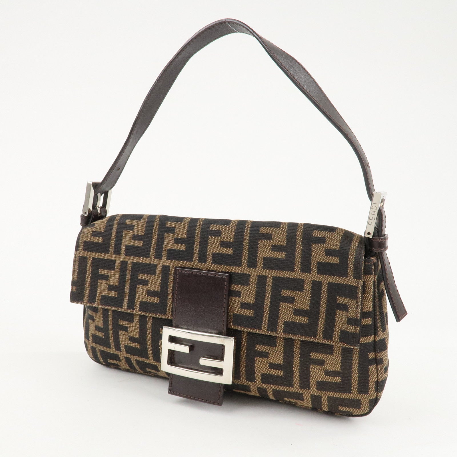 FENDI Mamma Baguette Zucca Canvas Shoulder Bag Brown Black 26424