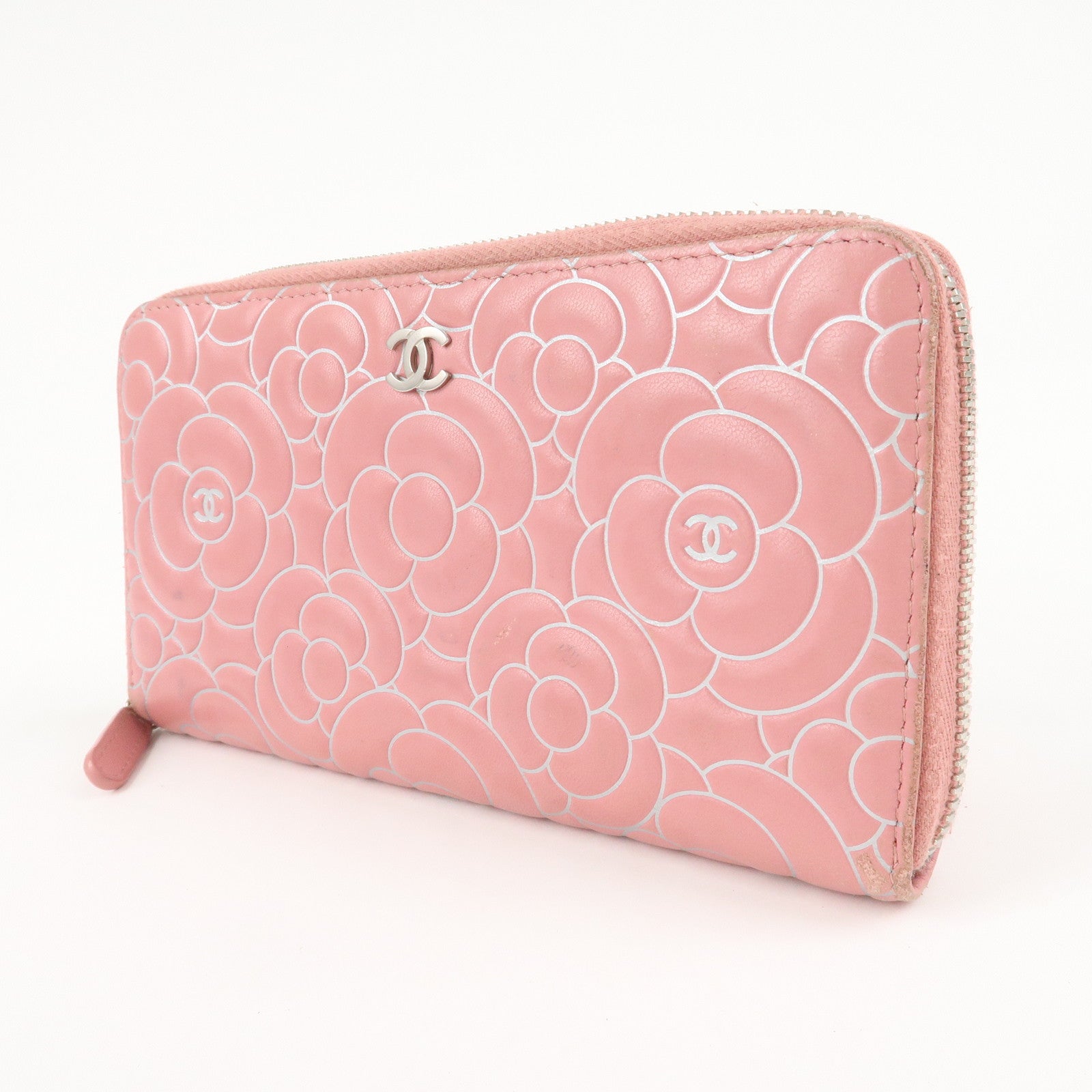 CHANEL Camellia Lamb Skin Long Zippy Wallet Pink A50085