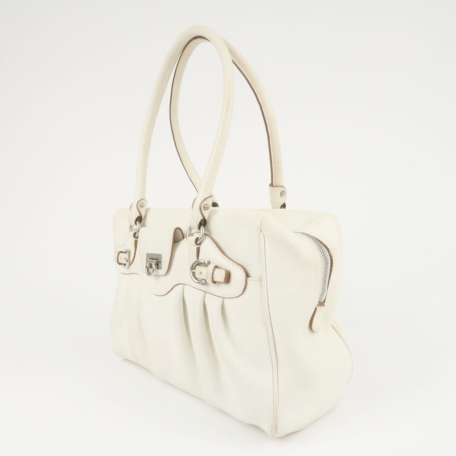 Ferragamo Gancini Leather Shoulder Bag Hand Bag White Used