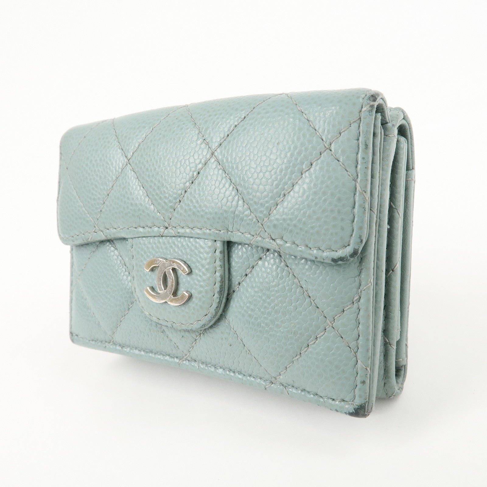 CHANEL Matelasse Caviar Skin Tri-fold Wallet Blue 60809