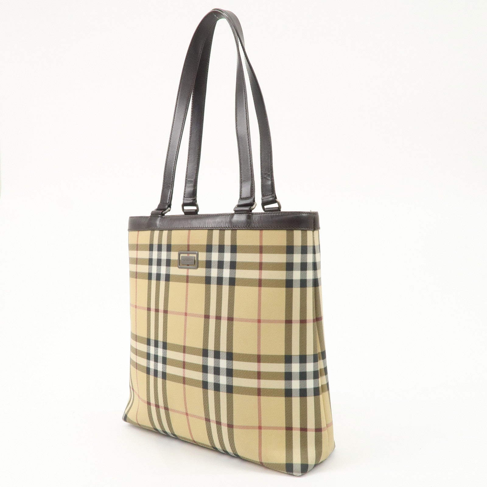 BURBERRY Nova Plaid PVC Leather Tote Bag Beige Brown