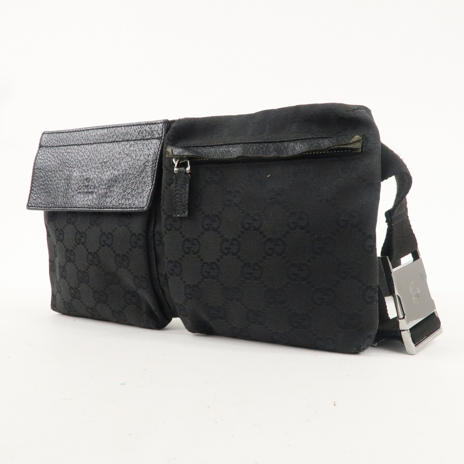 GUCCI GG Canvas Leather Waist Bag Crossbody Bag Black 28566