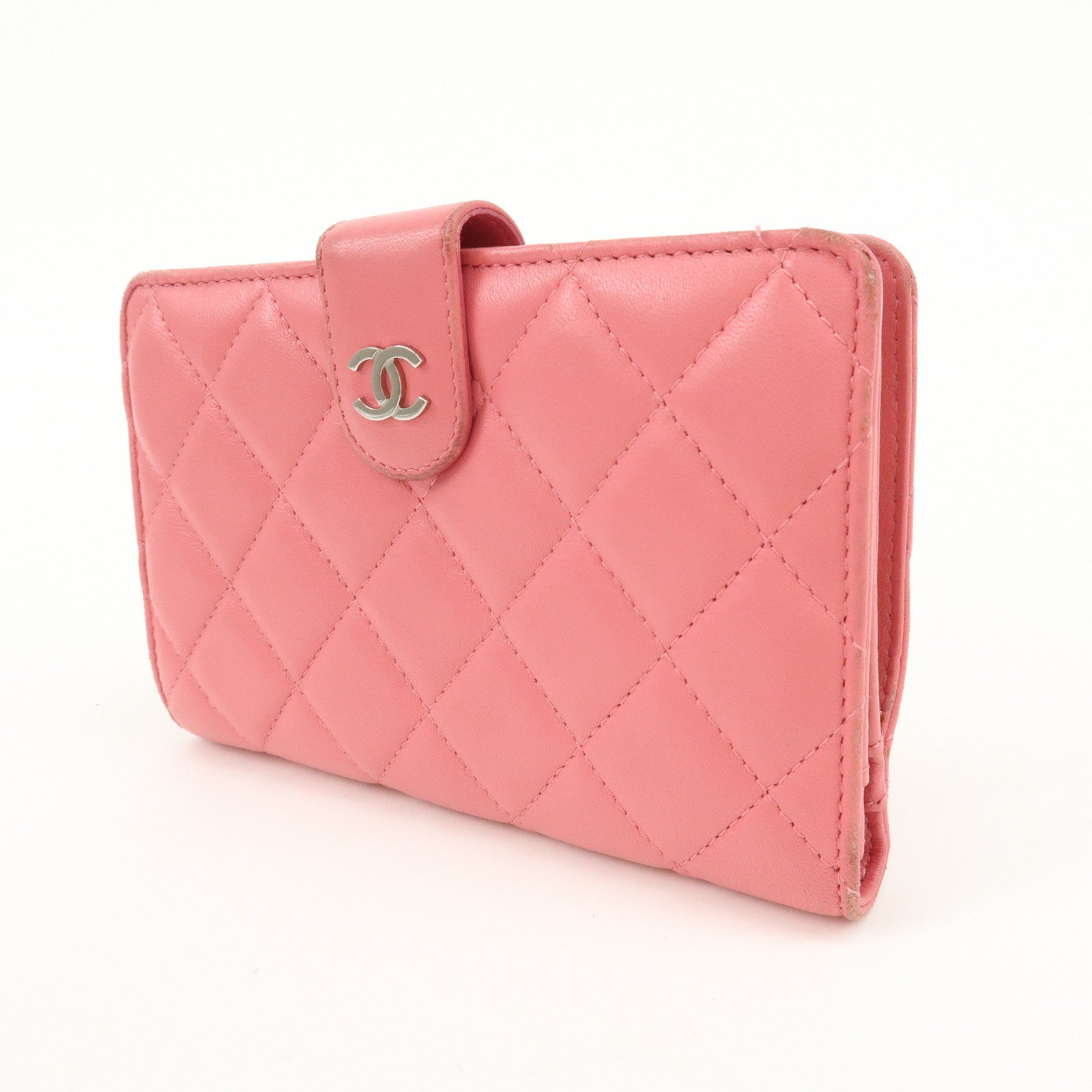 CHANEL Matelasse Lamb Skin Coco Mark Bi-fold Wallet Pink A48667 Used