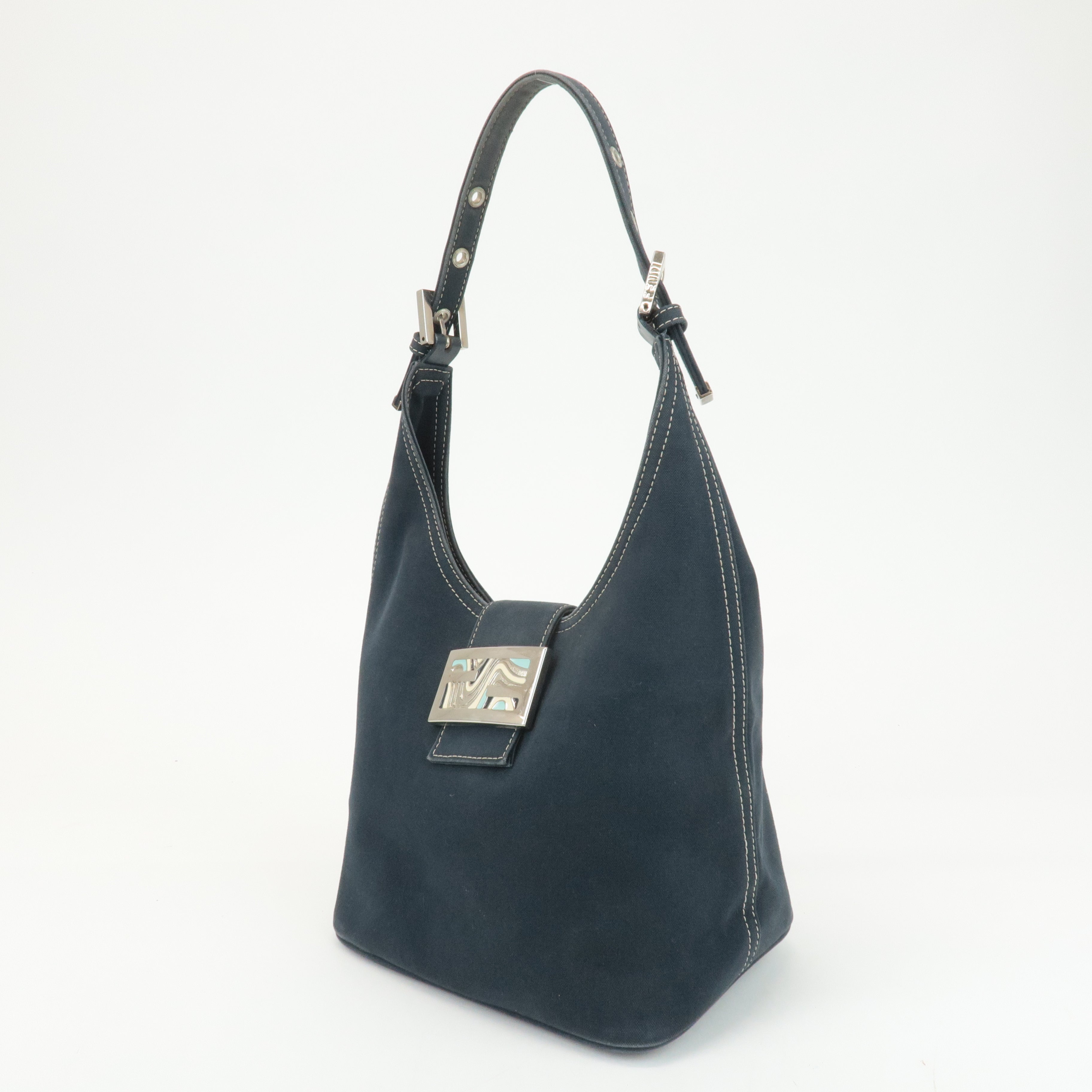 FENDI Canvas Leather One Shoulder Bag Hand Bag Navy Silver Used