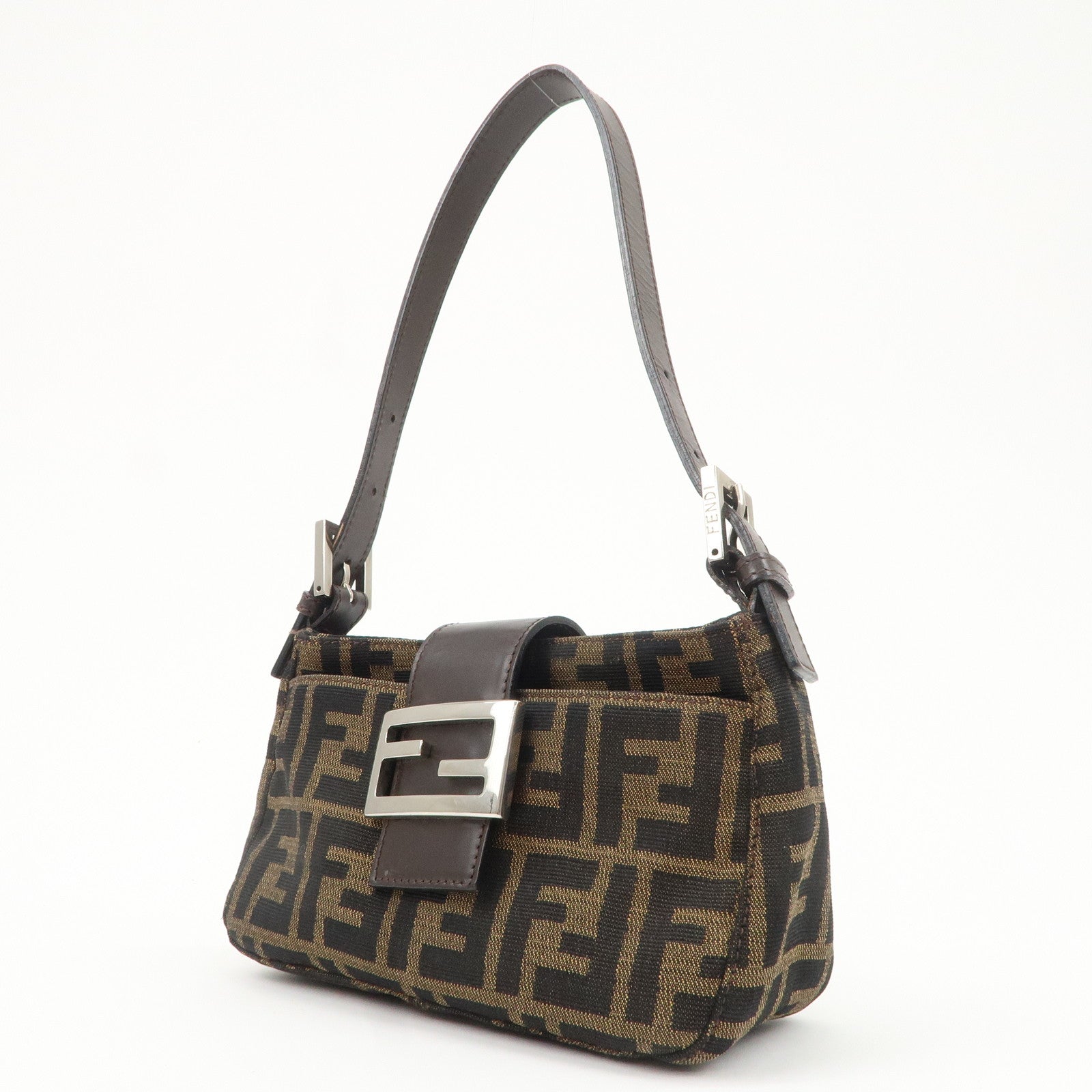 FENDI Zucca Canvas Leather Hand Bag Brown Black