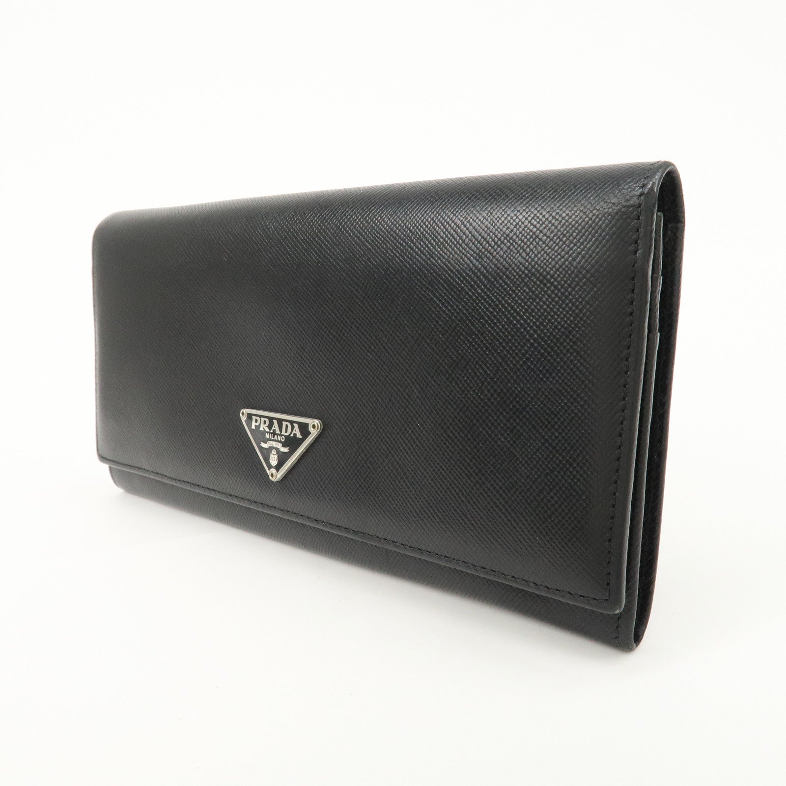 PRADA Leather Bi-fold Long Wallet Black Silver Hardware