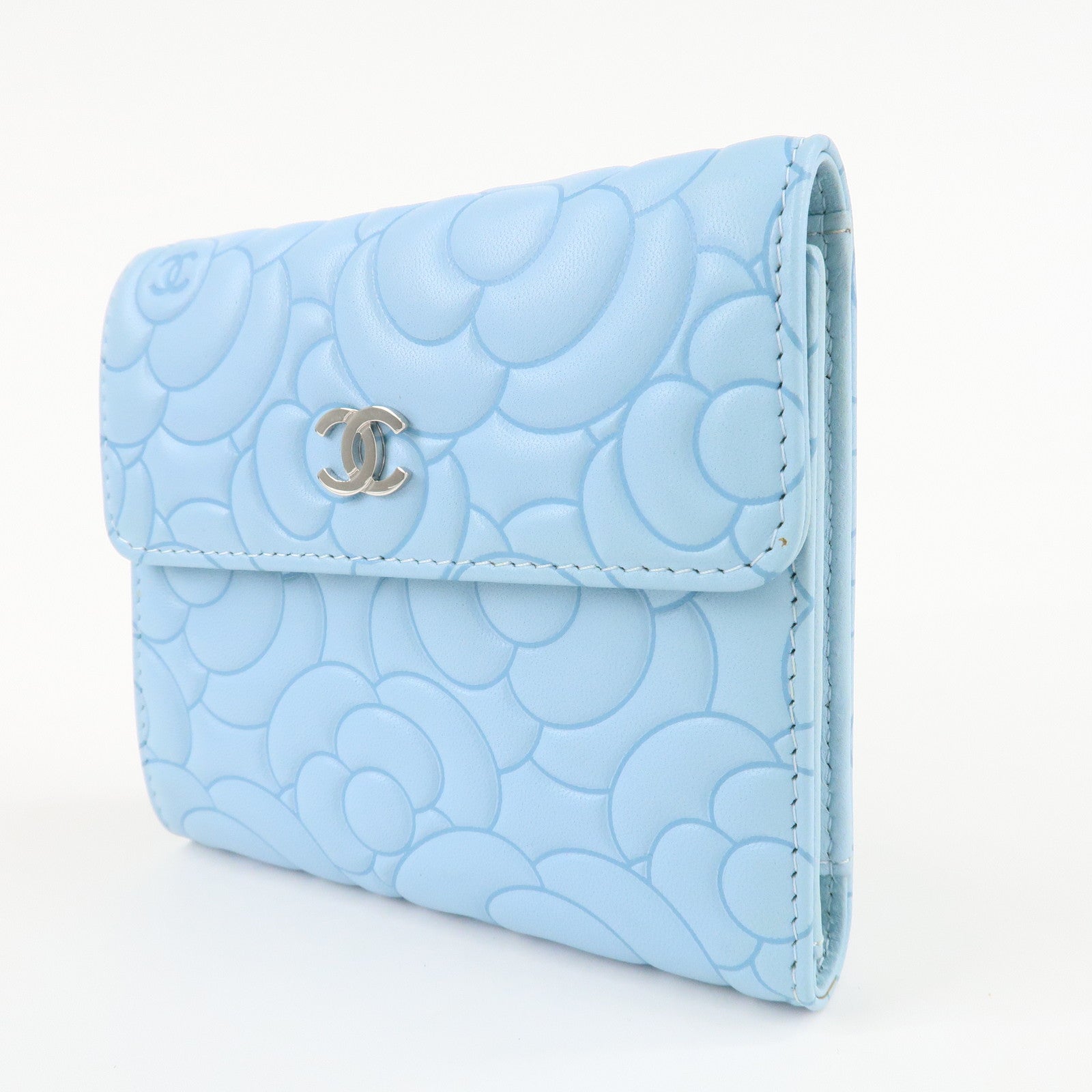 CHANEL Camelia Lamb Skin Bi-fold Wallet Blue Used