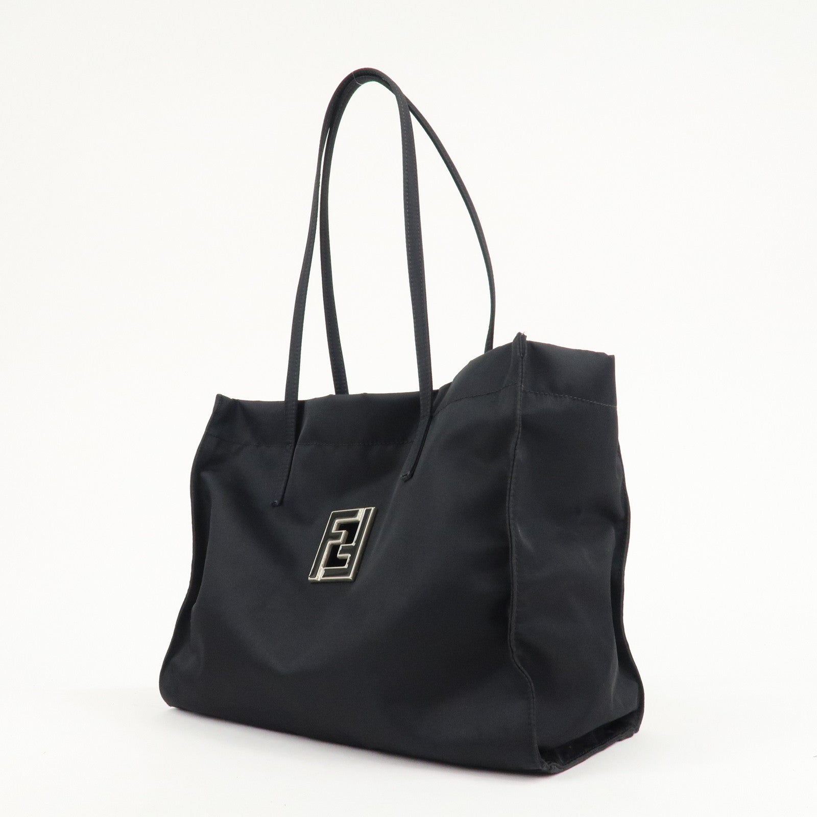 FENDI Nylon Tote Bag Hand Bag Black Silver Metal HDW