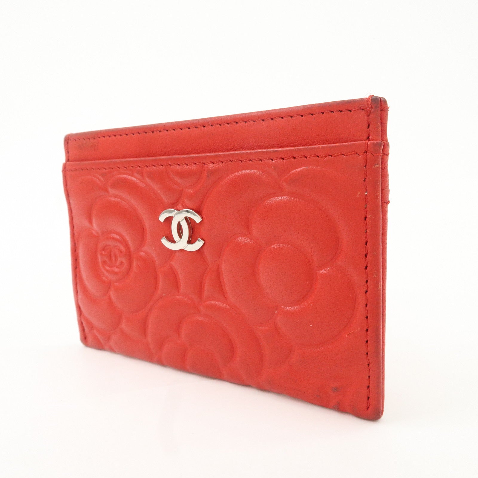 CHANEL Camellia Lambskin Embossed Card Case Red A3173855 Used