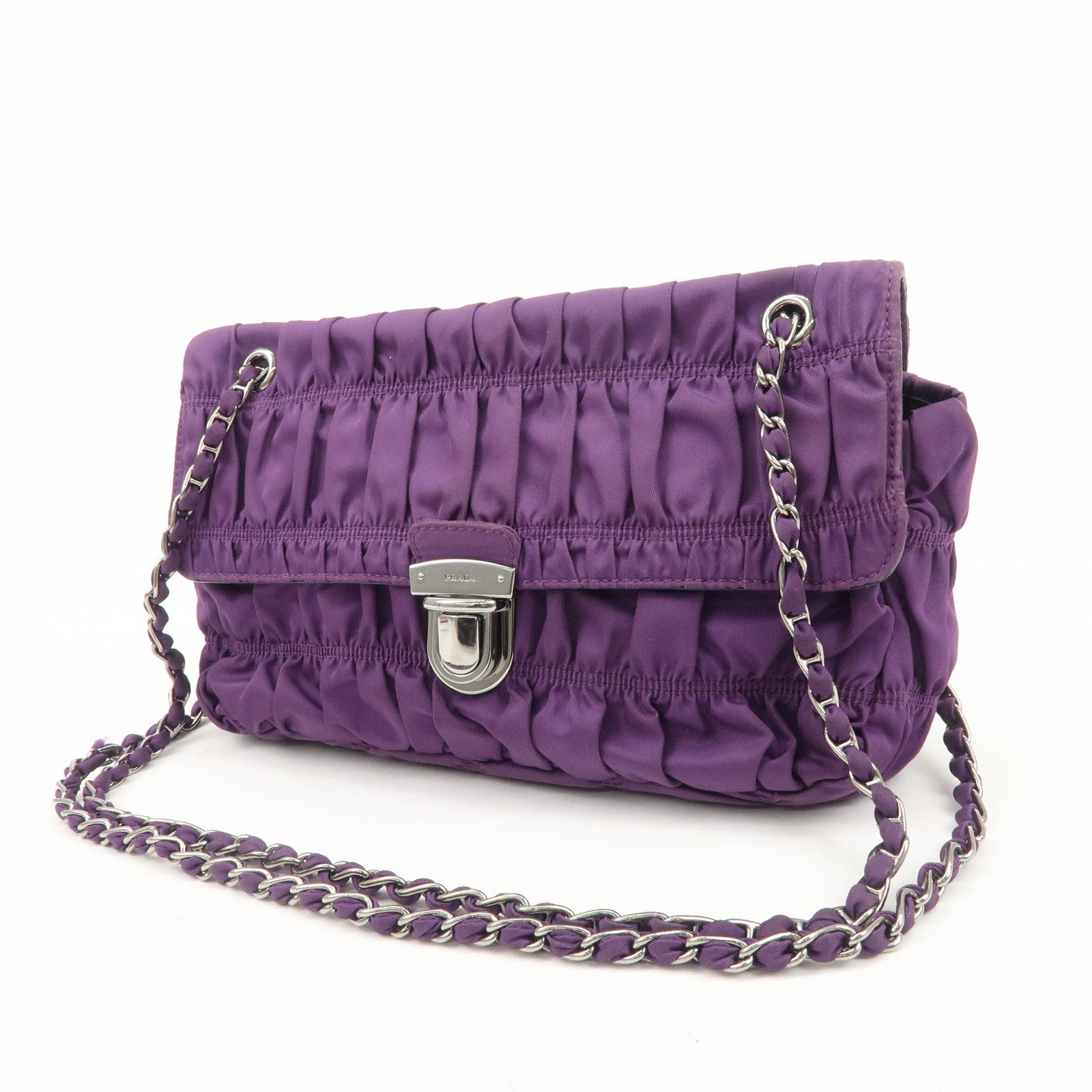 PRADA Nylon Leather Gathered Shoulder Bag Purple BR4609